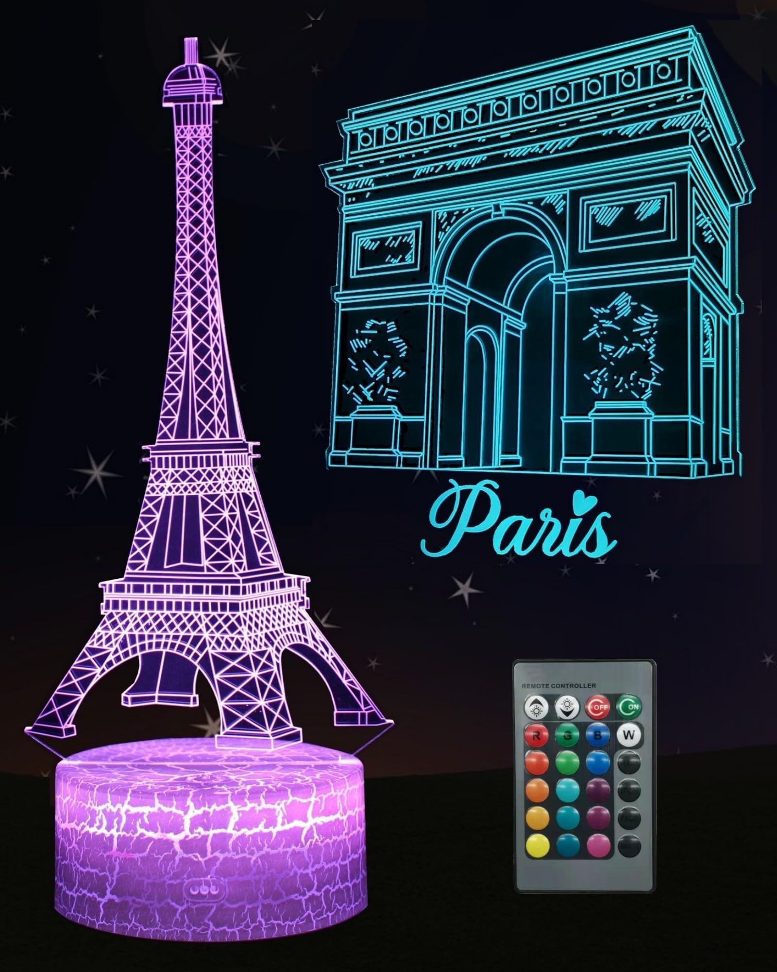 Kenmaca Night Light Eiffel Tower, Arch of Triumph Lamp Paris Themed Bedroom Décor, 2 Patterns 3D Illusion 16 Color Change Dimmable, Touch & Remote Control, Birthday Christmas Gift Dad Mom Kid Boy Girl — image 1
