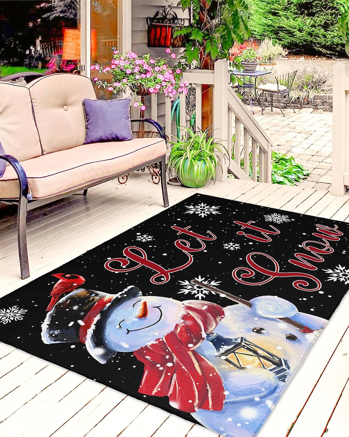 Outdoor Rug, Christmas Snowman Snowflake Oil Bird Scarf Winter Black Background Absorbant Non-Slip Area Rugs Mat Carpet for Patio Balcony Porch Backyard Deck Rv Camping 4x6 ft