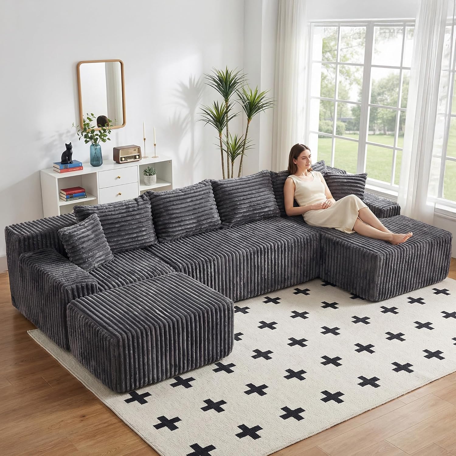 Oversized Boneless Couches for Living Room, U Shaped Cloud Sectional Couch with Deep Seat, No Assembly Corduroy Modular Sectional Sofa,Grey