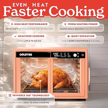 Gourmia French Door Air Fryer Oven - 37 Qt Large Capacity Convection Toaster Oven, FryForce 360, Digital Display, 12 Cooking Presets, Dehydrate, Fits 13 Pizza, Dishwasher-Safe, Peach