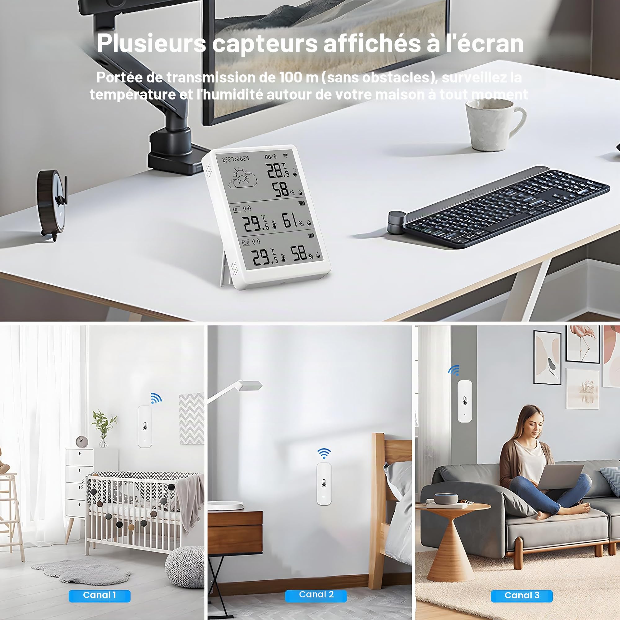 Thermomètre hygromètre WiFi - Capteur de température et d'humidité par application - Portée de 100 m - Compatible avec Alexa (4 capteurs + station de base)