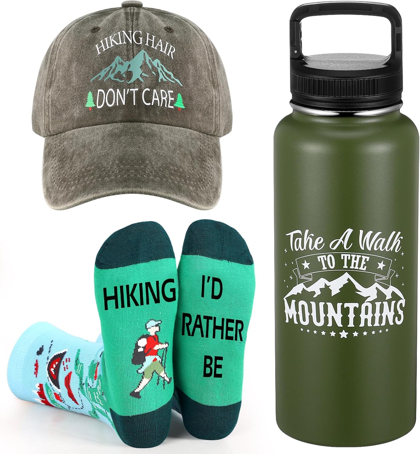 3 Pcs Christmas Hiking Gifts Hike Hat 32oz Green Stainless Steel Tumbler Water Bottle with Spout Lid Funny Hiking Socks Outdoors Gifts for Women Men Climbing Walking Running Sports Lovers 3 Pcs Christmas Hiking Gifts Hike Hat 32oz Green Stainless Steel Tumbler Water Bottle with Spout Lid Funny Hiking Socks Outdoors Gifts for Women Men Climbing Walking Running Sports Lovers