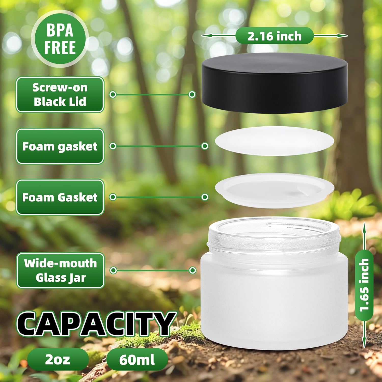 BILLIONSTARS 50g White Frosted Glass Cream Jars with Black Lid - Airtight Cosmetic Containers for Face Cream, Body Lotion, DIY Skincare Packaging, BPA-Free (Set of 24) (White Frosted, 1.7oz)