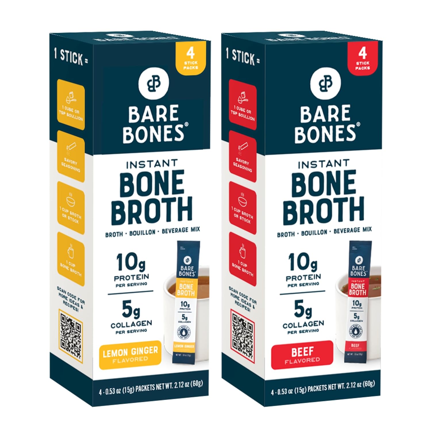 Bare Bones Bone Broth Instant Powdered Beverage Mix, Chicken & Beef, Variety Pack of 8, 4 Chicken & 4 Beef - 15g Sticks, 10g Protein, Keto & Paleo Friendly