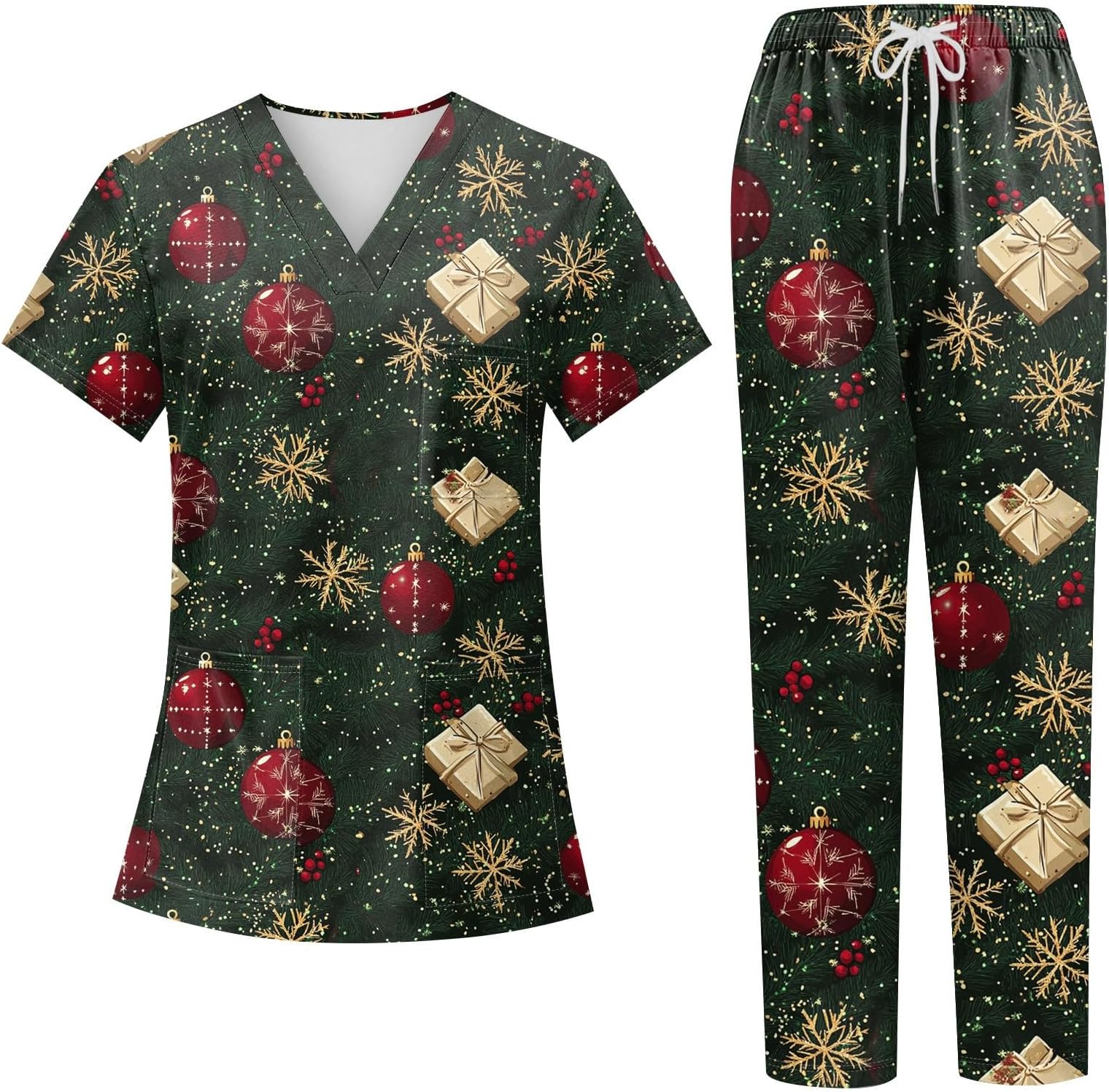 Generic Christmas Scrubs Set for Women Nurse Uniform Top & Pants with Multi Pocket for Nurse Esthetician Workwear