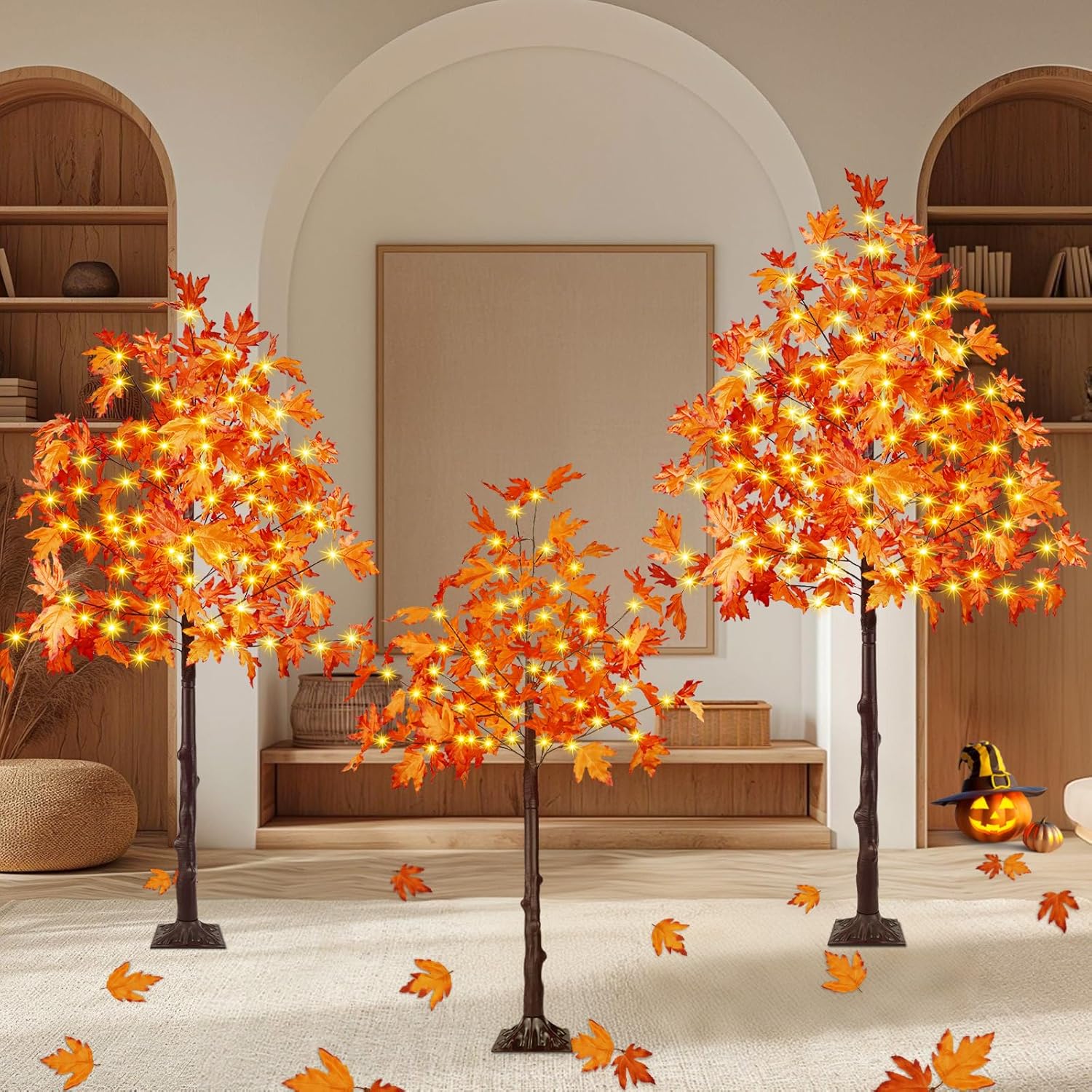 Set of 3 Pre-lit Artificial Lighted Maple Tree with Timer, 4FT 5FT and 6FT 300 LED Warm White Light up Fall Decor for Indoor Outdoor Thanksgiving Day Halloween Home Porch Party Decoration, Orange