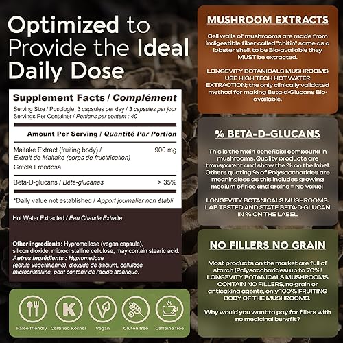 Miniatura 8 de Longevity Botanicals Cápsulas de extracto de hongo Maitake orgánico (120)  Proporción concentrada de 101  Cuerpos 100% fructíferos  Suplemento