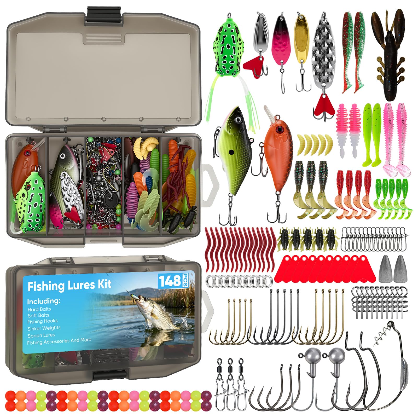 Normodic Fishing Lures Kit with Tackle Box, 148Pcs Sea Fishing Tackle Box Fully Loaded with Crankbaits, Weights, Jigs, Hooks, Accessories, Gifts for Men Trout Bass Freshwater