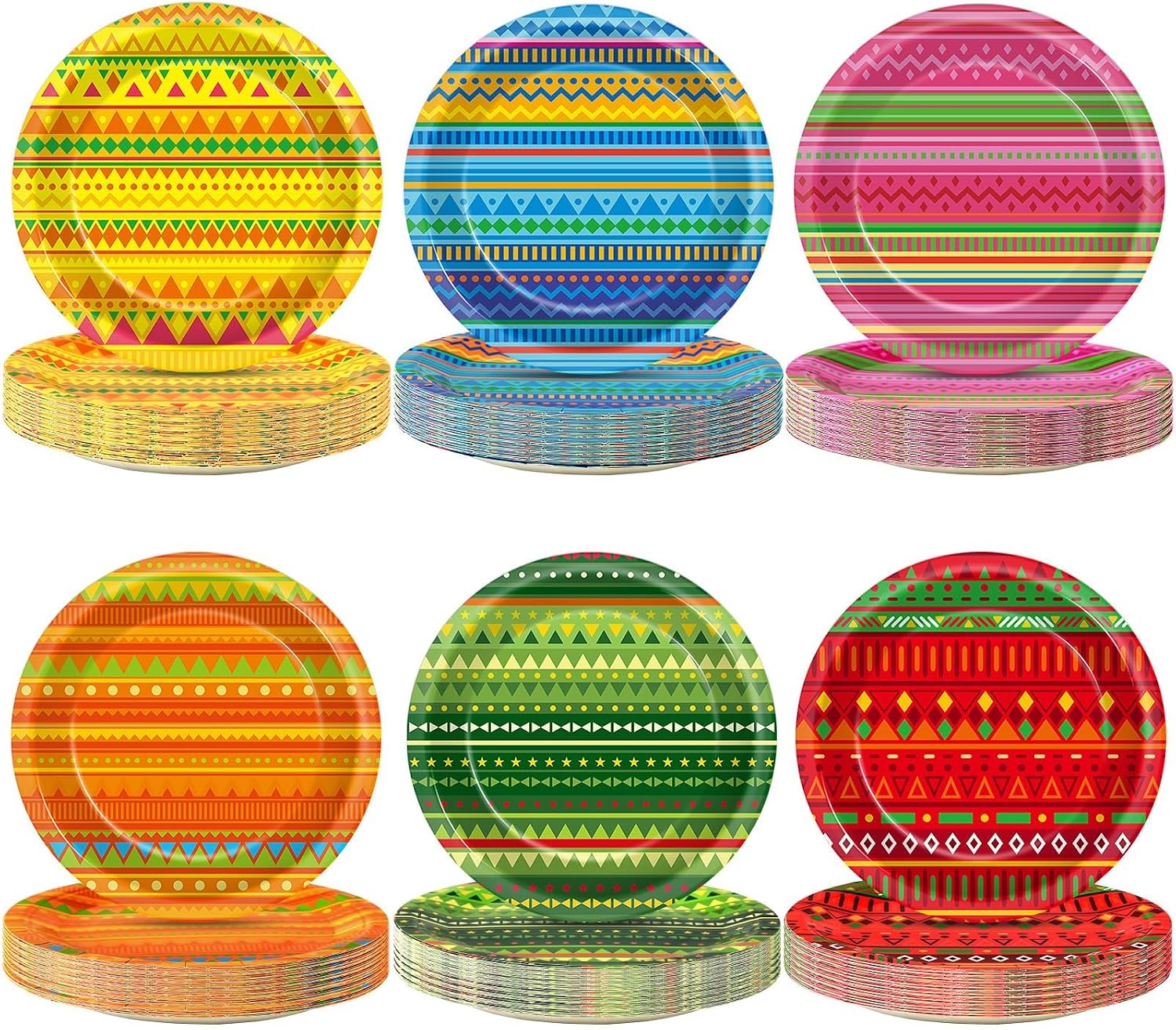 60PCS Mexican Fiesta Paper Plates fifth of may Serape Party Decorations Taco Stripes Disposable Dessert Cake Dinner Plates Mayo Platters Mexico Decor for Pinata Party Supplies
