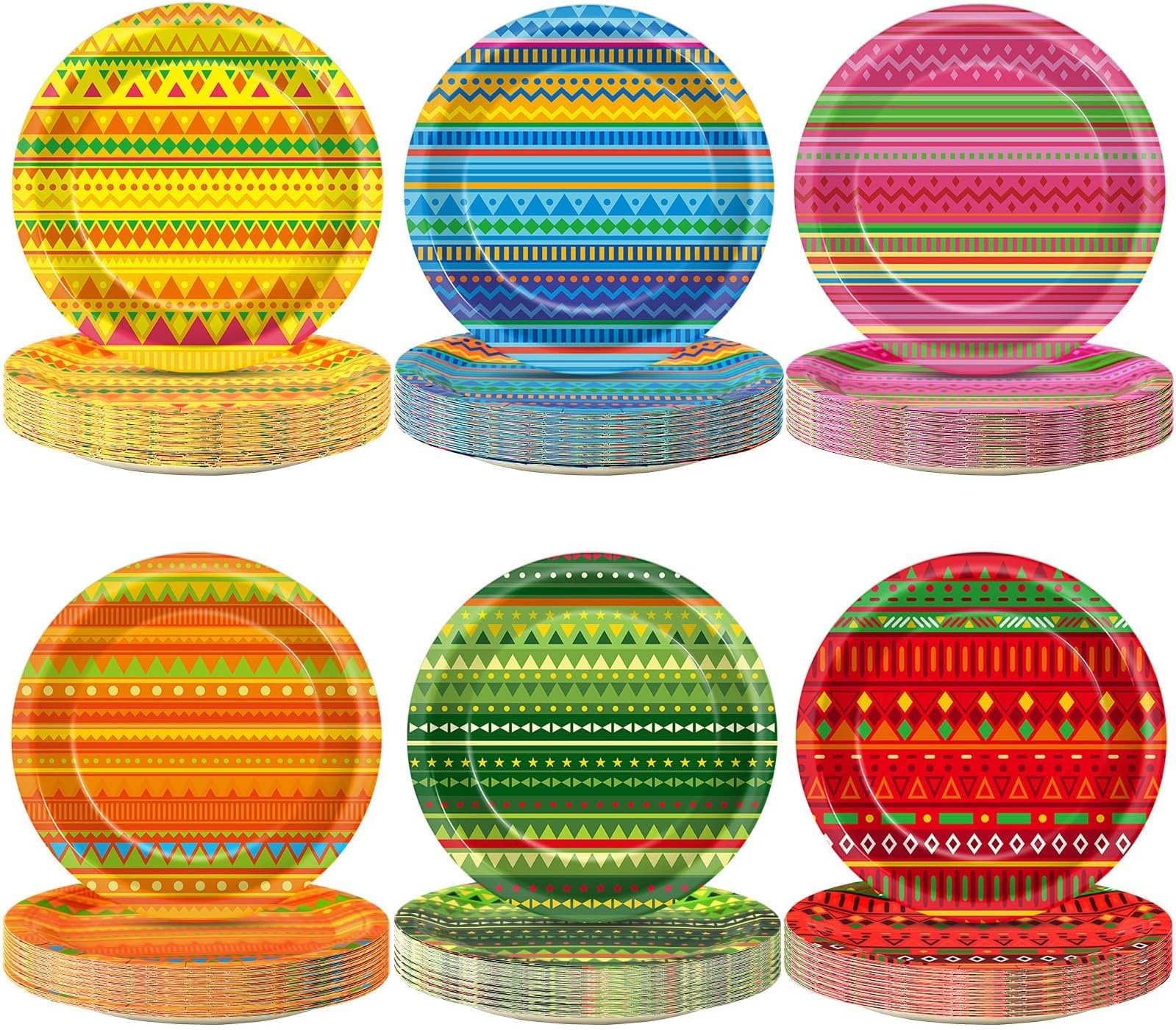 60PCS Mexican Party Plates 7" Fiesta Paper Plates Mexican Party Decorations Mexico Colorful Stripes Disposable Dinnerware for Mexican Themed Tableware Pinata Taco Day of the Dead Party Supplies