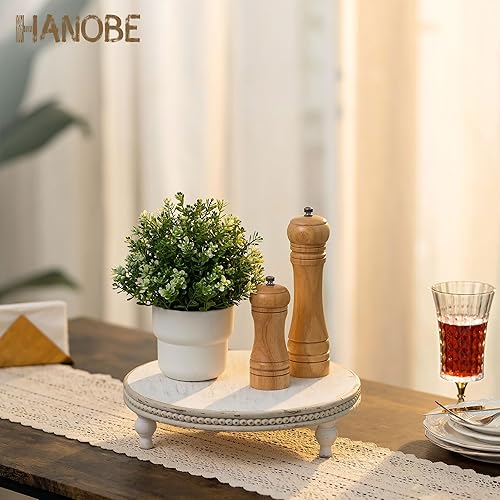 Vista 9 de Hanobe Soporte redondo decorativo para bandeja: elevadores de pedestal de madera con cuentas blancas, soporte de exhibición circular para mesa