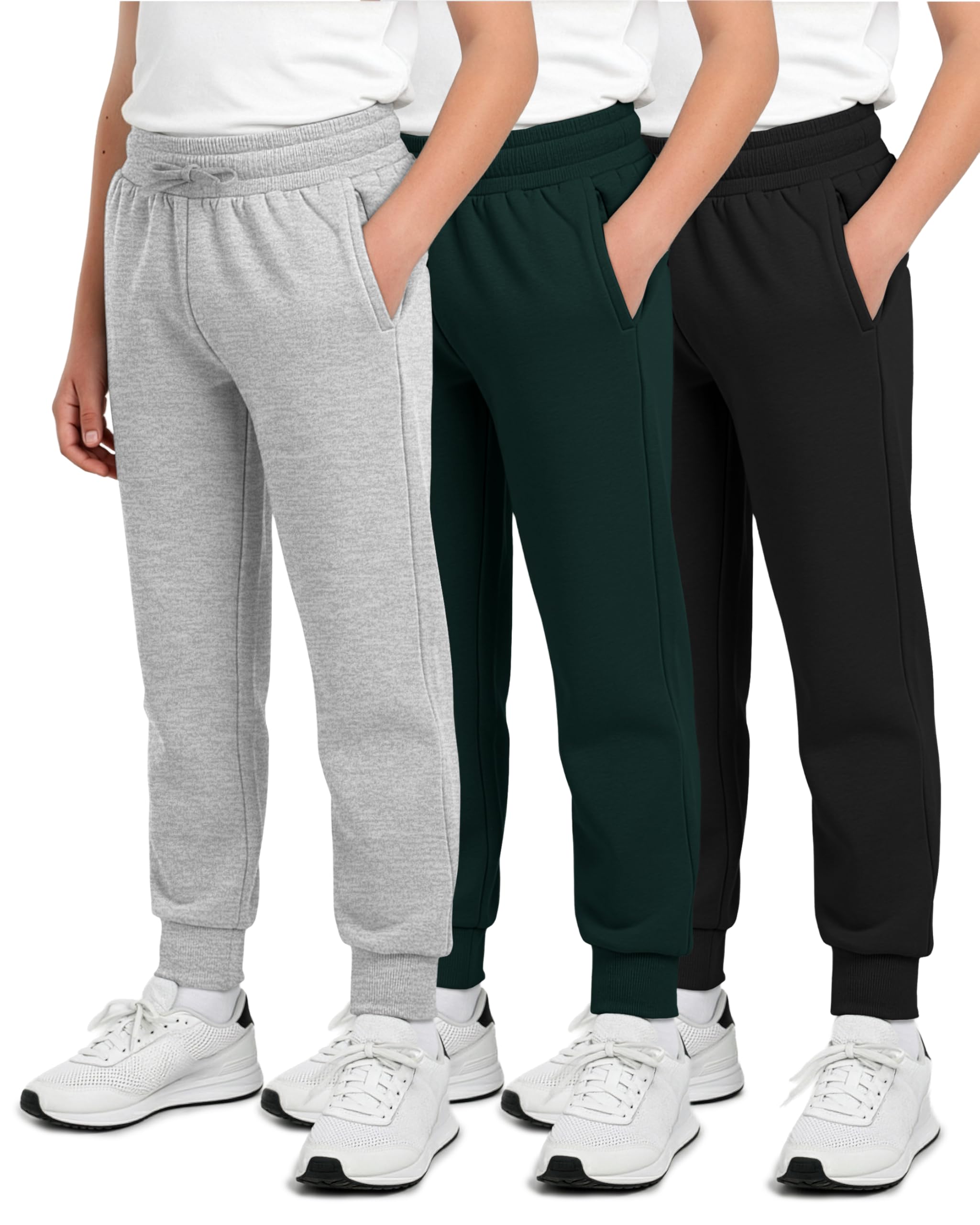 Real Essentials 3 Pack: Boys' Cotton Fleece Jogger Sweatpants - Active Athletic Youth Pants for Teens with Pockets