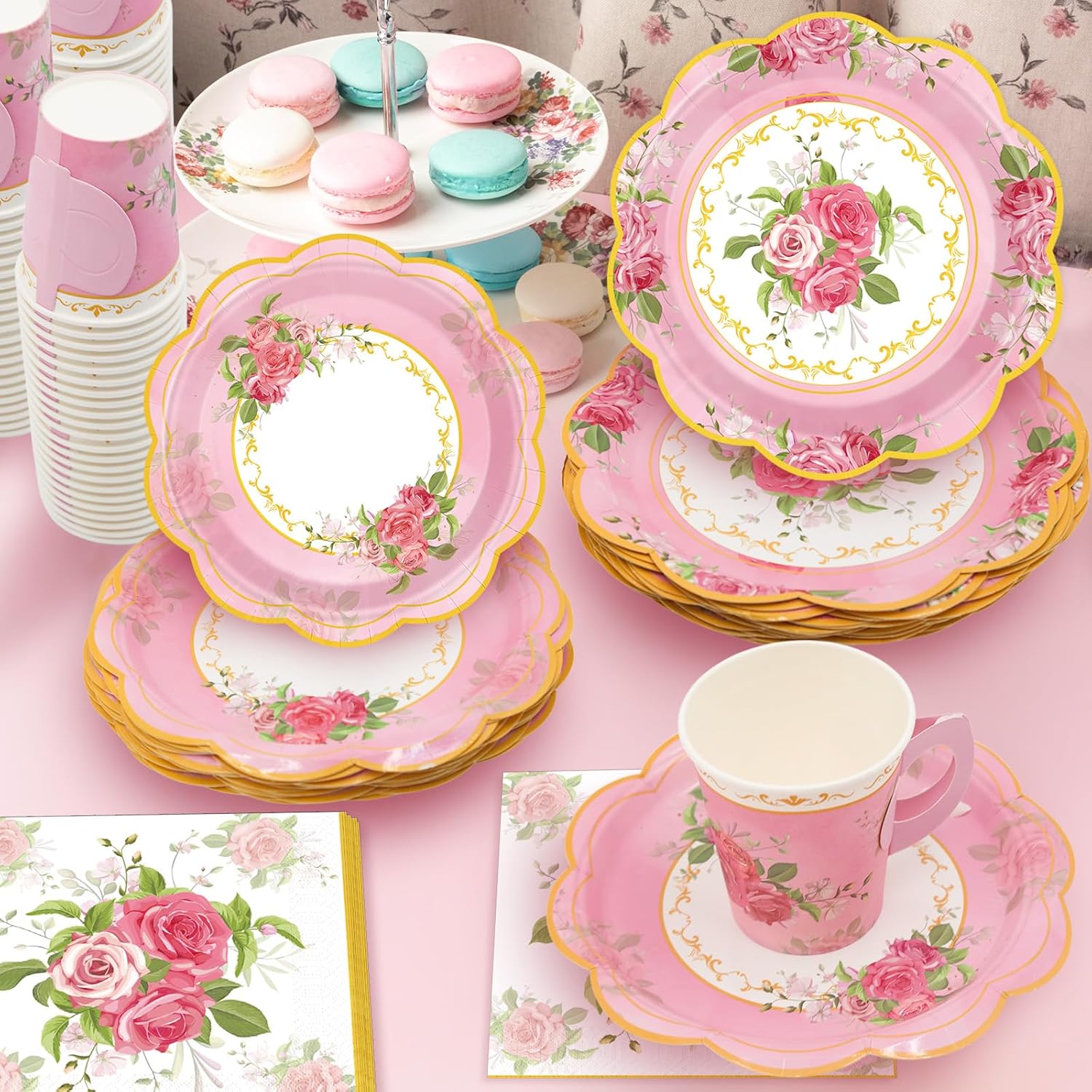 200Pcs Floral Tea Cups and Saucers for Tea Party Supplies, Disposable Tea Cups with Handle and Paper Napkins Dinnerware for Floral Theme Birthday Wedding Bridal Shower Baby Shower（Pink）