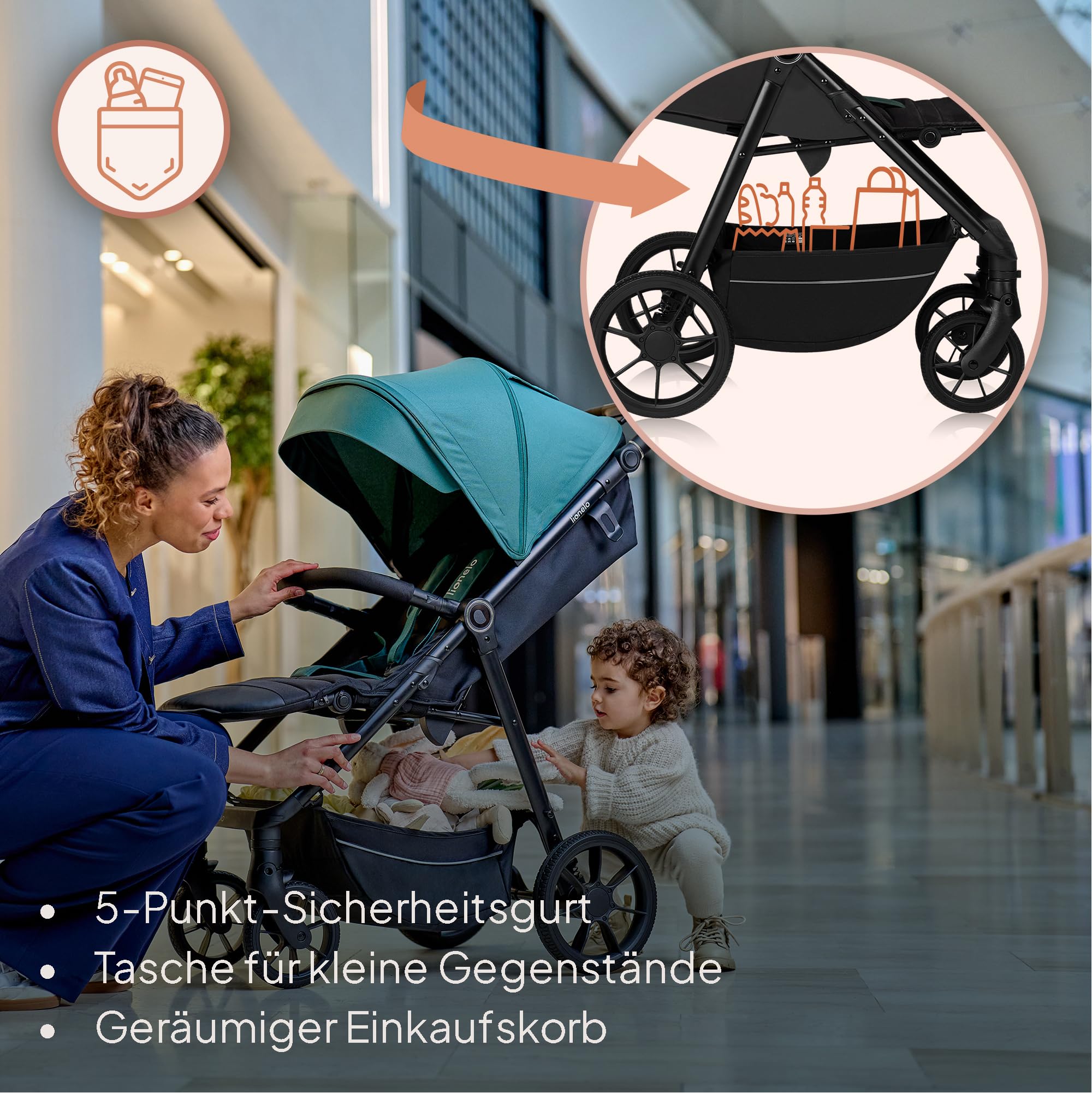 LIONELO MIRA Buggy bis zu 22 kg von 6 Monaten bis 4 Jahren Schwenkbare 360° Räder Volle Stoßdämpfung Verstellbare Rückenlehne und höhenverstellbares Verdeck XXL UPF50+ Großer Korb bis zu 3 kg | Schwenkbare 360° Räder Volle Stoßdämpfung Verstellbare Rücken