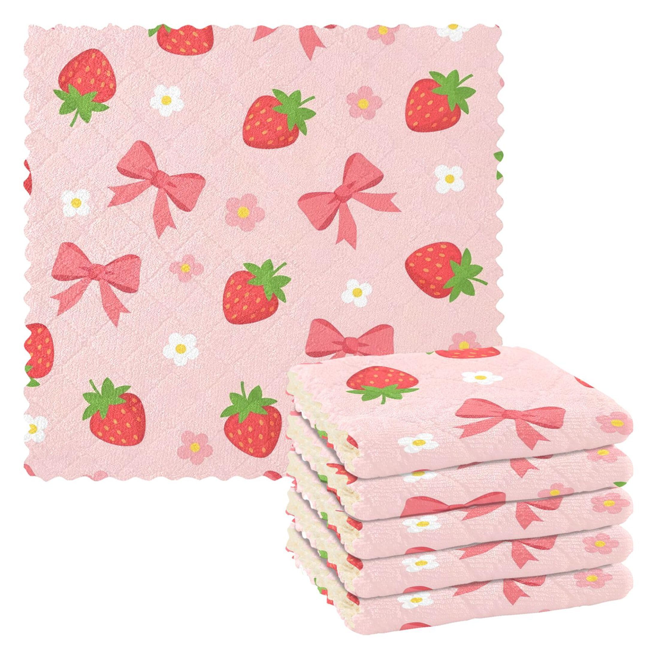 Fuauuyl Strawberry Kitchen Dish Towel Set of 6, Soft Absorbent Washable Cleaning Cloths Dish Rags Tea Bar Drying Towels, 11x11 In