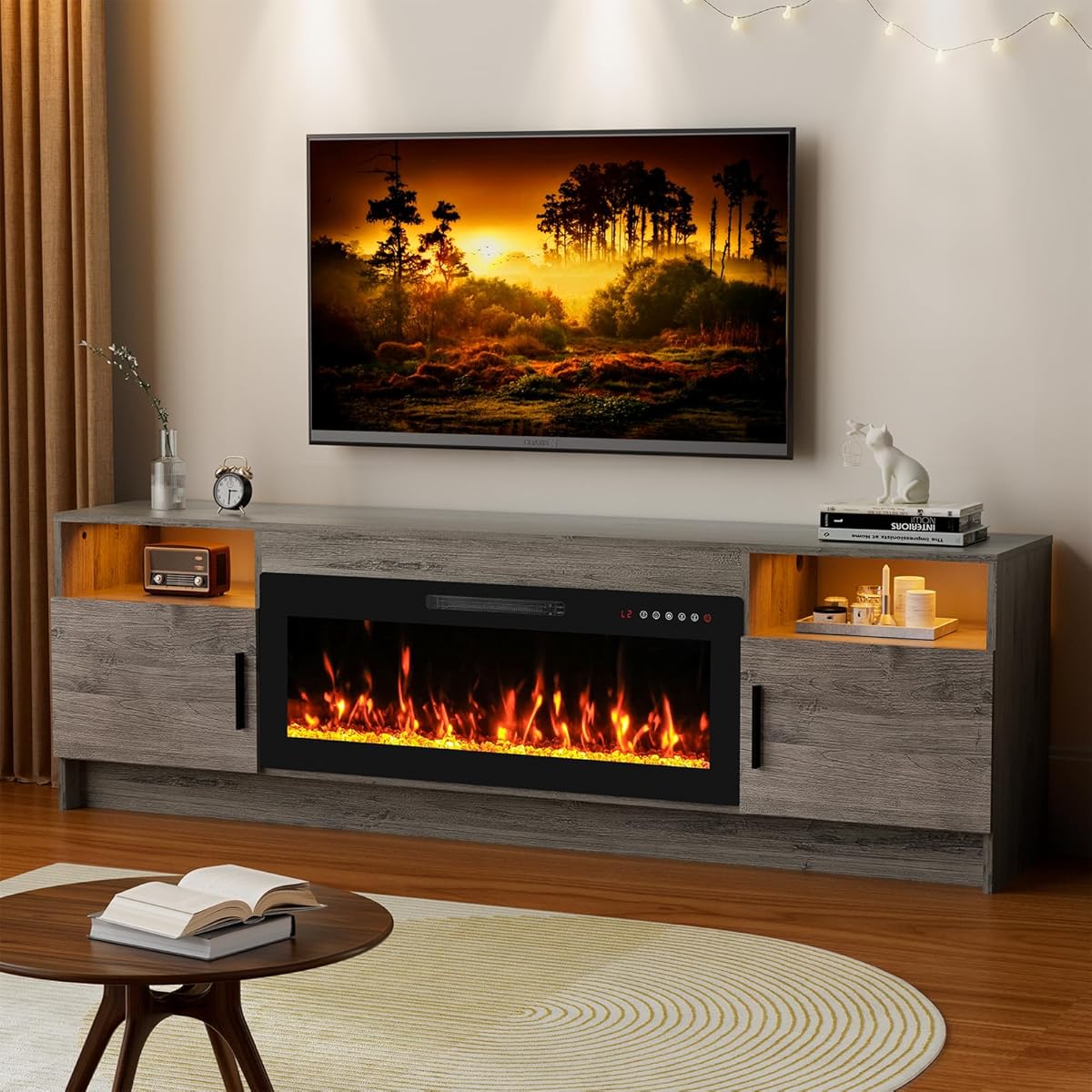 70'' TV Stand with Fireplace-Oak Grey Entertainment Center for 75+ inch TV- TV Cabinet with LED Light, Storage, High Glossy Door, Modern TV Console for Living Room