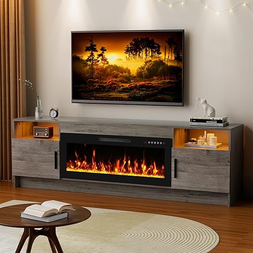 70'' TV Stand with Fireplace-Oak Grey Entertainment Center for 75+ inch TV- TV Cabinet with LED Light, Storage, High Glossy Door, Modern TV Console for Living Room