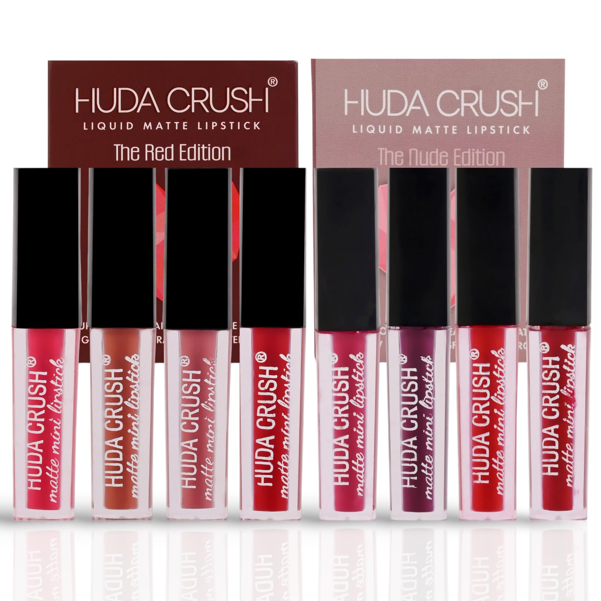 HUDACRUSH BEAUTY Mini Lipsticks Combo Pack of 8 Liquid Matte Lipstick Set, Red and Nude Edition