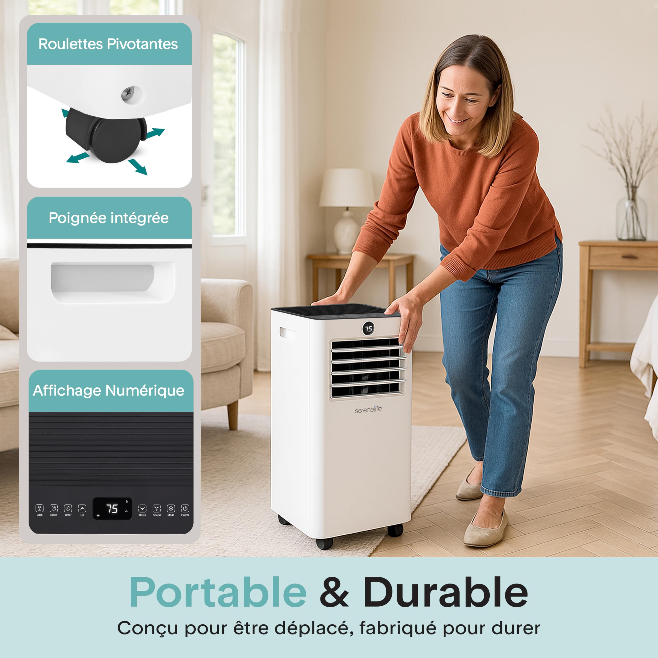 SereneLife Climatiseur Mobile 9000 BTU 2,34 kW Chauffage – Climatiseur Portable avec Évacuation, Ventilateur et Déshumidificateur, Compact avec Télécommande et Kit Fenêtre Gris