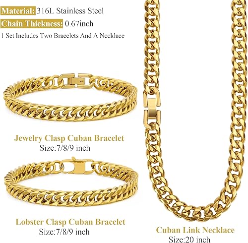 Miniatura 2 de 3 pulseras de eslabones cubanos, cadena de eslabones cubanos de acero inoxidable 316L resistente de oro para hombre, juego de joyería de 0.315 in,