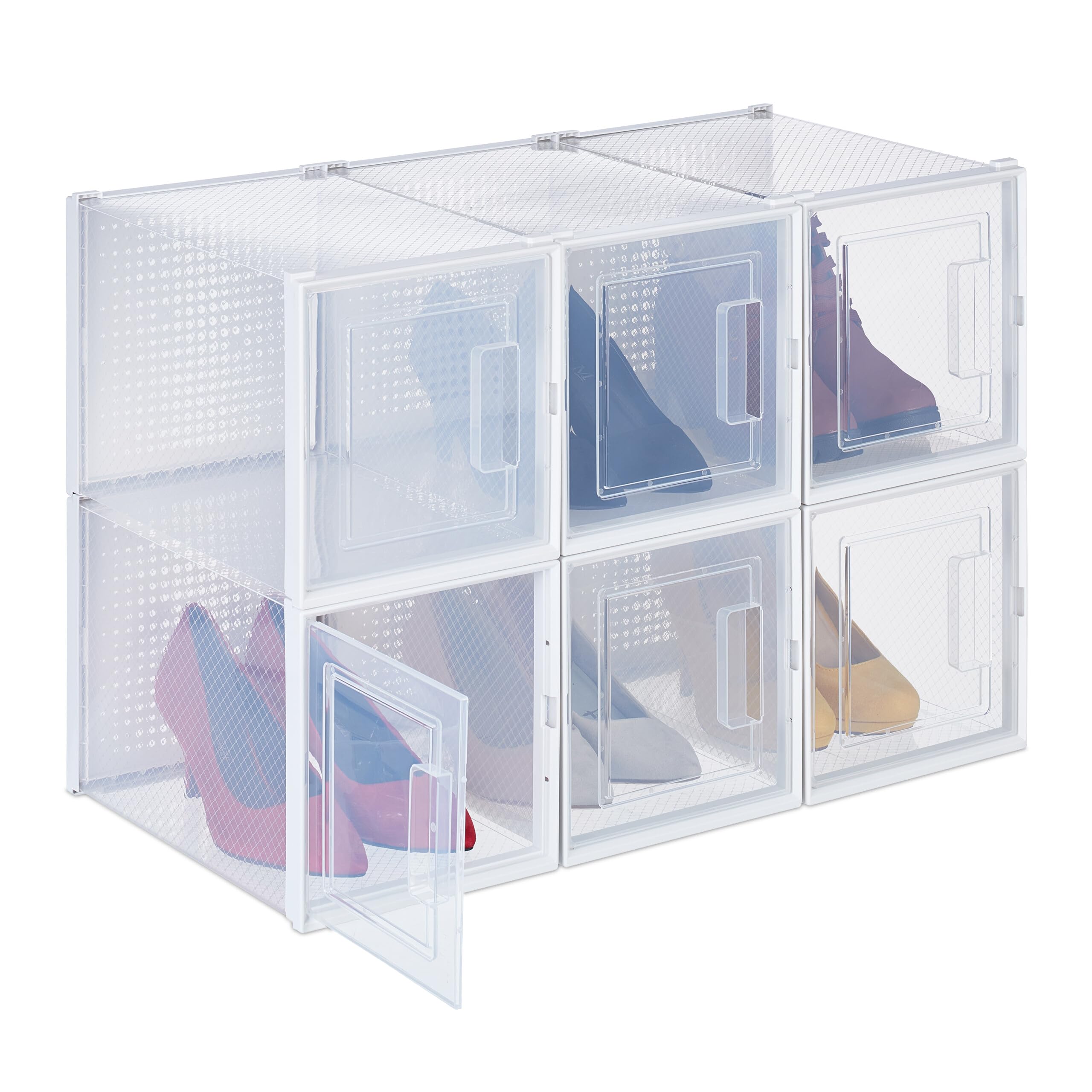 Relaxdays Set 6 Scatole di Plastica per Scarpe, Tacchi Fino al N. 42, Shoe Box Organizer Impilabili, Trasparente Bianco