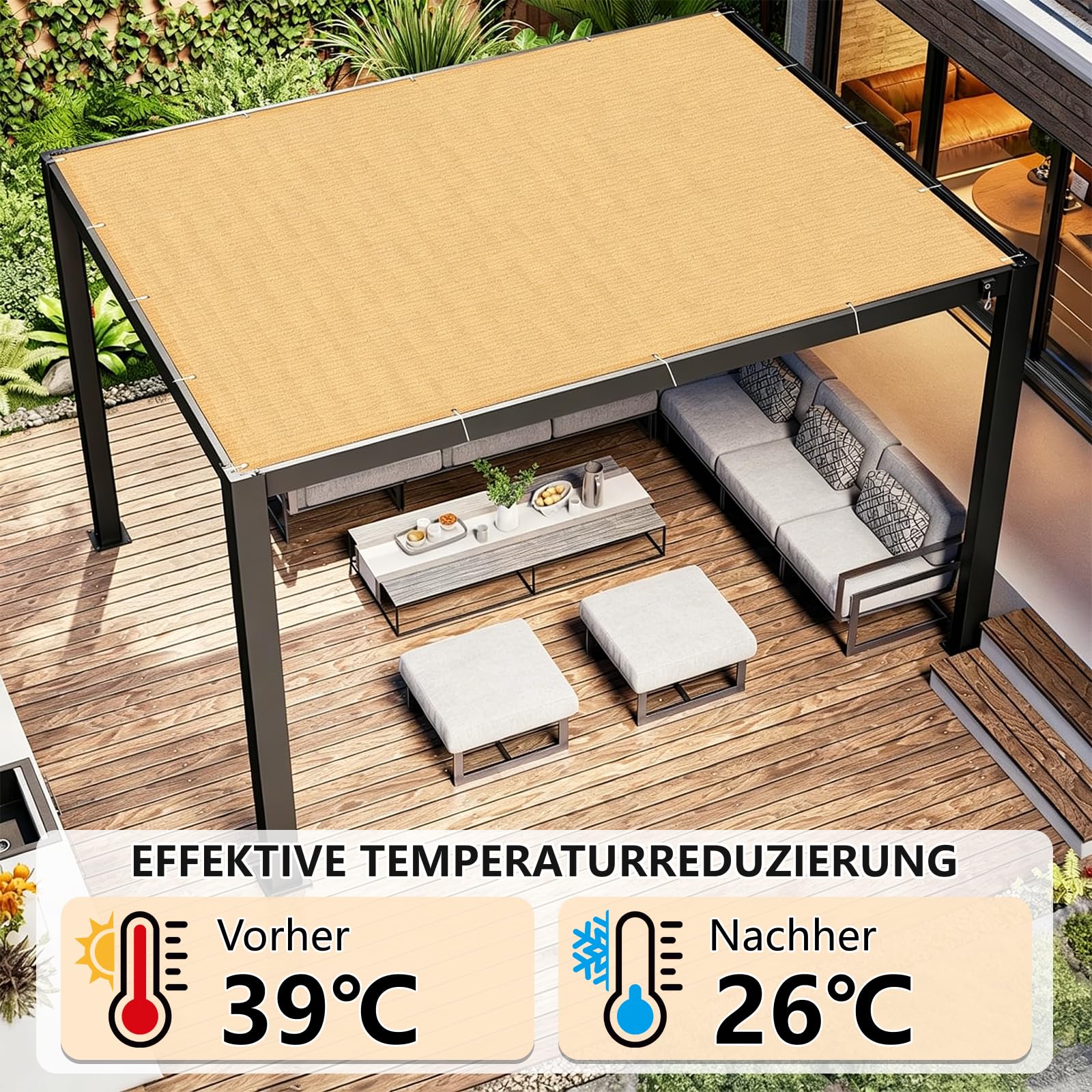 Sonnensegel Terrasse 3x6M Premium HDPE Gewebe, Windschutznetz inkl Seil, 95% UV-Schutz Reißfest, für Außenbereich,Garten, Beige