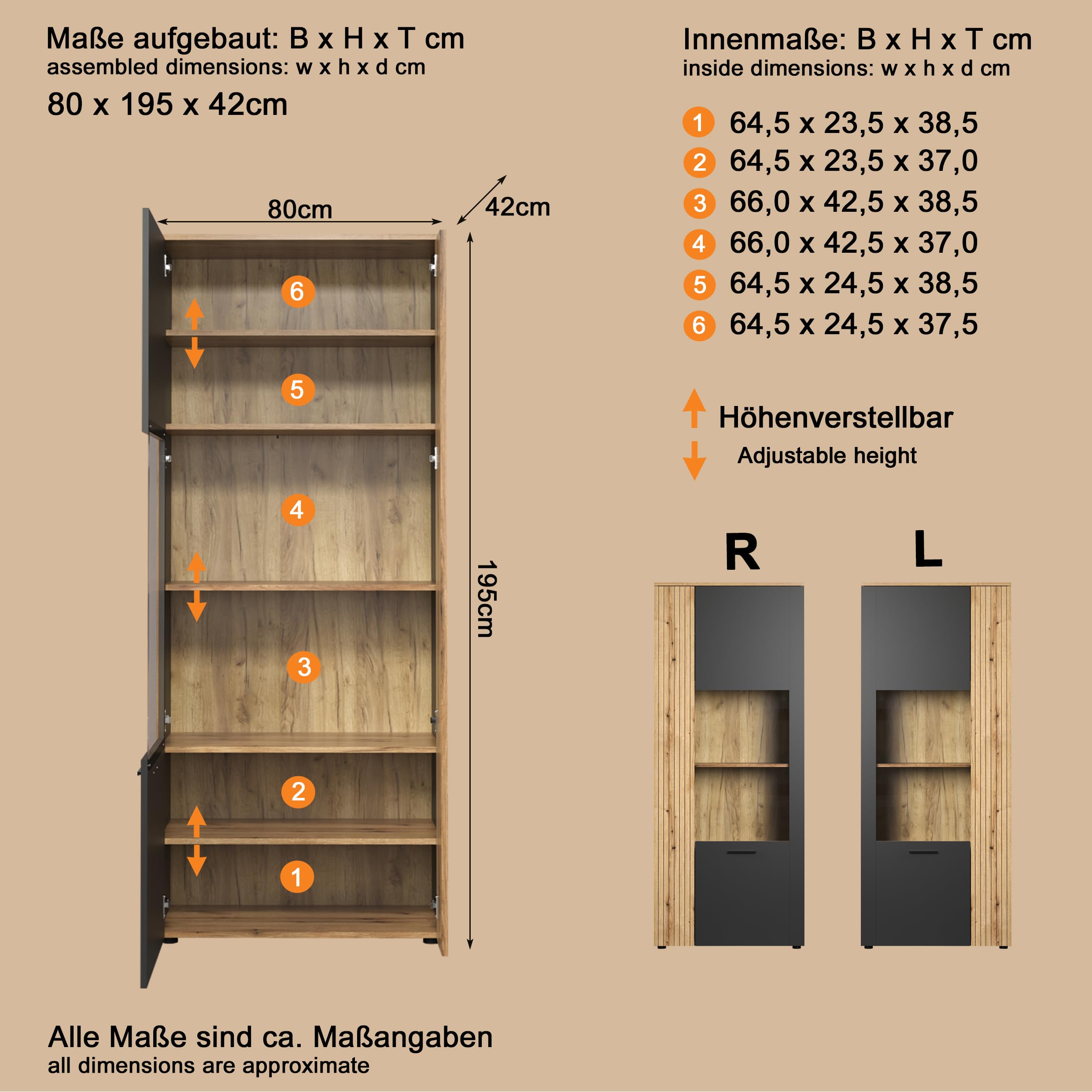 trendteam smart living - Esteban - Vitrine - Anthrazit/Eiche - Standvitrine in Rillenoptik - (BxHxT) 80 x 195 x 42 cm - eleganter Wohnzimmerschrank mit 6 Fächern