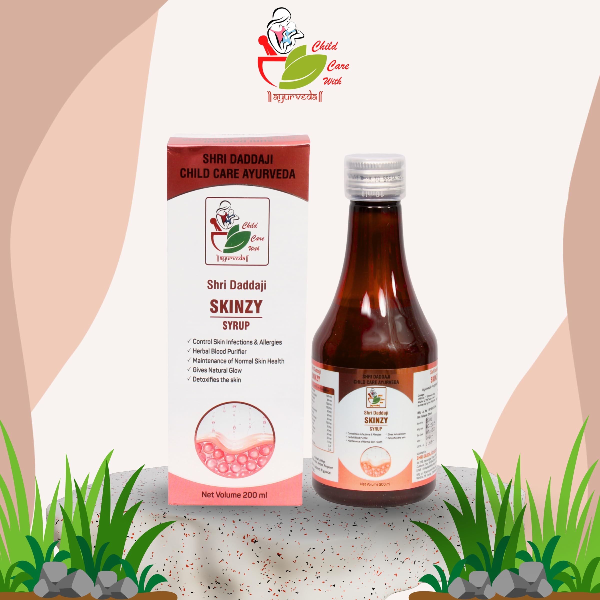 Shri Daddaji Skinzy Ayurvedic Syrup for Healthy & Glowing Skin | Blood Purifier | Pimples, Acne, Allergies, Rashes, Fungal Infections Relief | 100% Herbal Formula – 200ml - Image 7 thumbnail