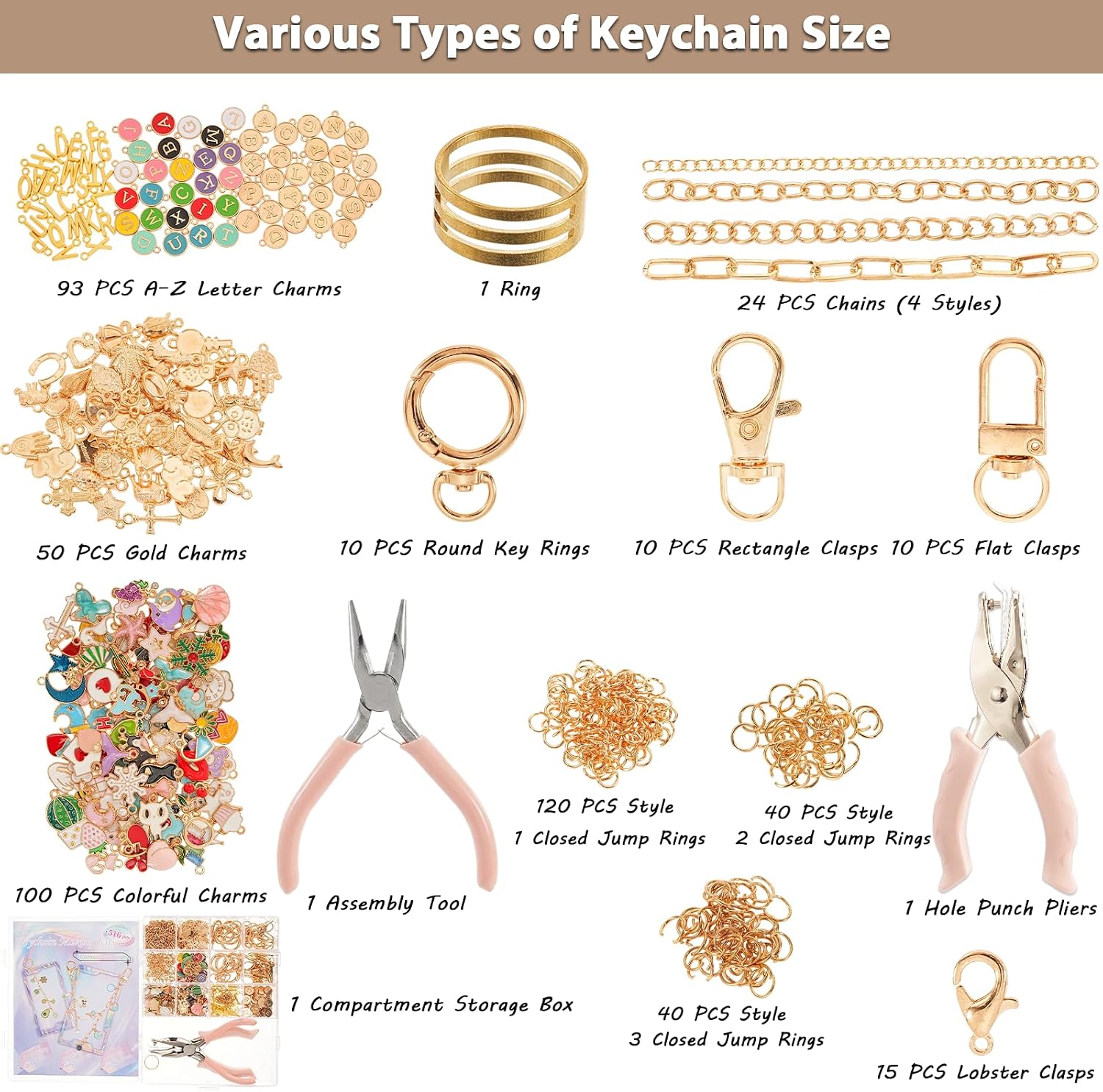516Pcs Charms Lip Gloss Keychain Making Kit, Bag Charm Kits with Key Chain Hooks, Charms, Jump Rings, Lobster Clasps, Chains & Tools, DIY Craft Supplies for Jewelry Making Custom Keychains & Gifts