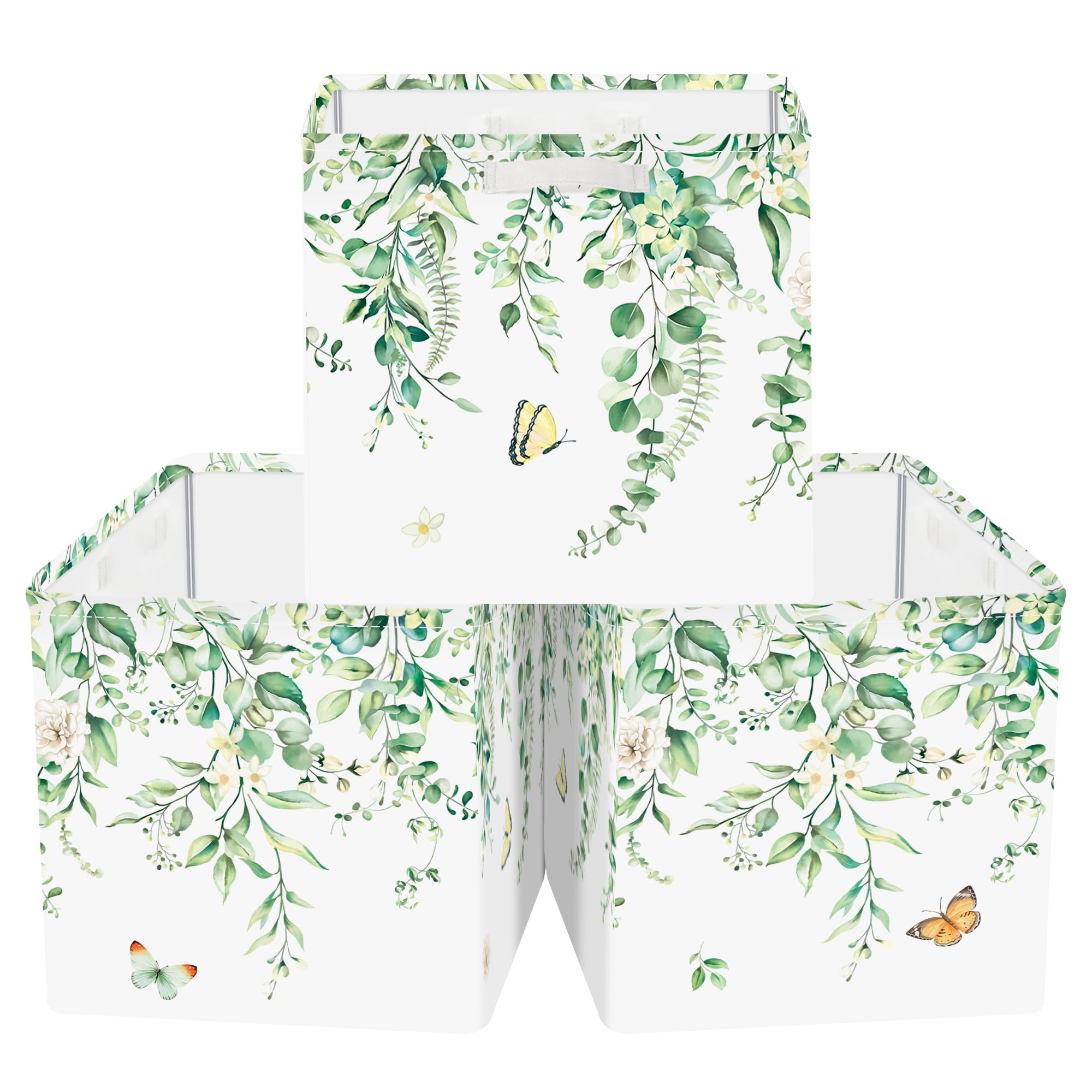 Boite rangement tissu pliable motif eucalyptus lot de 3 paniers 30 cm
