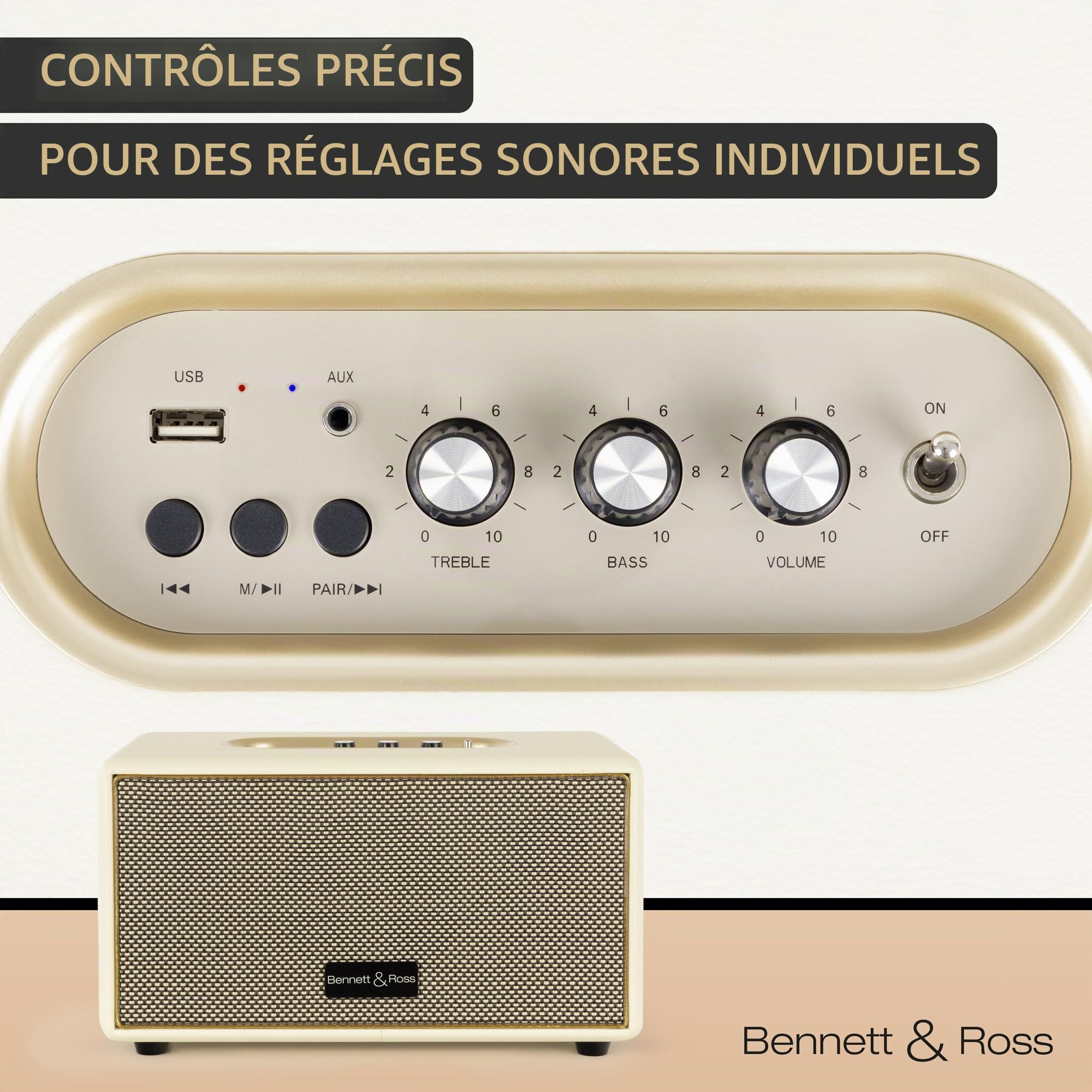 Bennett & Ross BB-860CW Blackmore Haut-Parleur Bluetooth rétro en Cuir - Haut-Parleur Vintage avec 2X 30W - Speaker Entrée USB avec Lecteur MP3 - Jack 3,5 mm avec aux-in - Enceinte Blanc créme