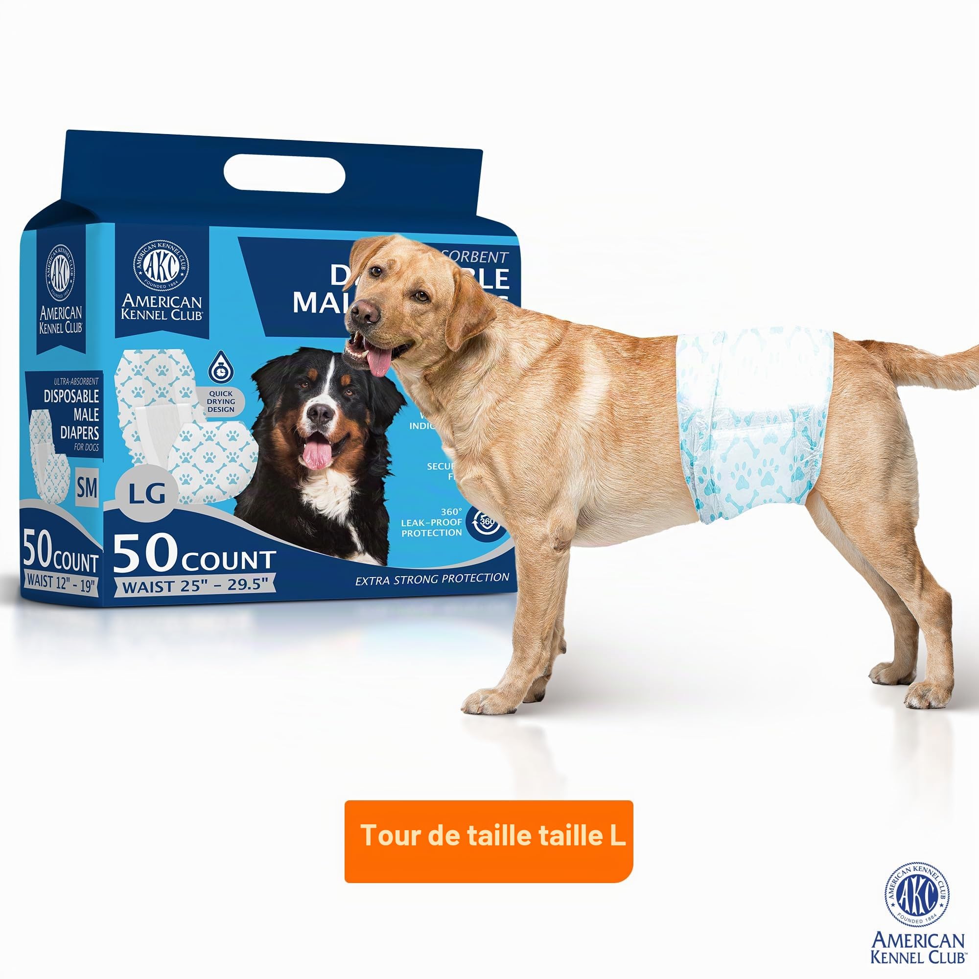 American Kennel Club Lot de 50 Couches jetables avec indicateur d'humidité pour Chien mâle Taille L