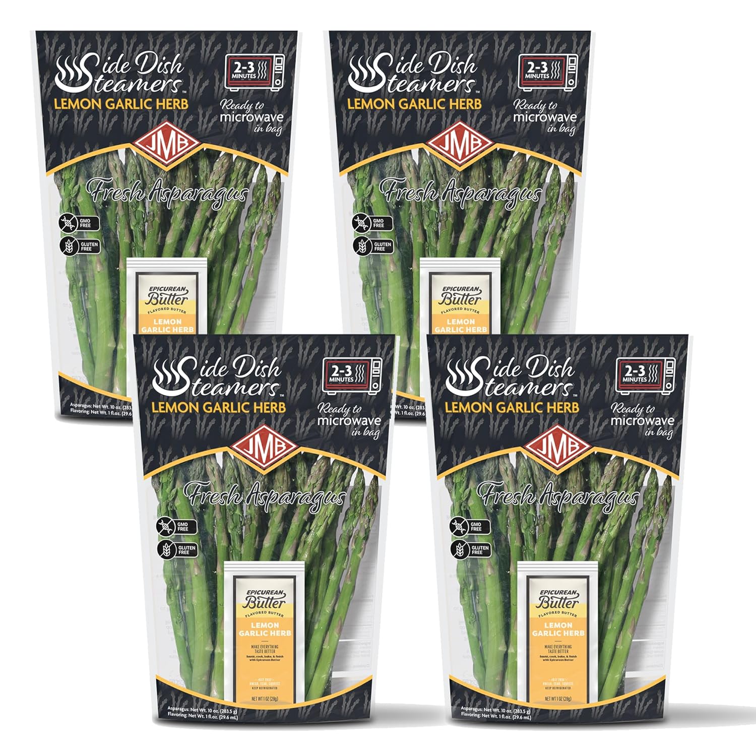 JMB Produce Side Dish Steamers - Asparagus Side Dishes - Lemon Garlic Flavor - Microwavable Fresh Vegetable Meals Ready to Eat - 4 Count