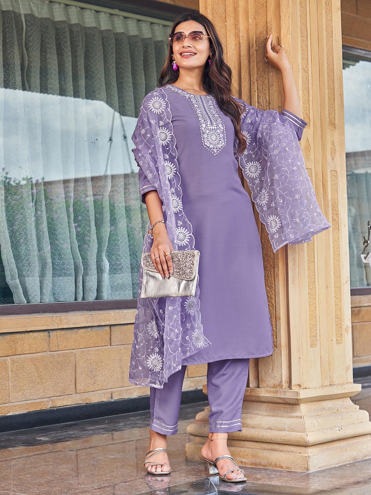 Sanisa Women's Cotton Blend Sequence Embroidery Work Gota Lace Straigth Kurta With Pant And Dupatta Set| Ethnic Set | Suit Set | Kurta Set(159Kbd1711N-Xl_Lavender)
