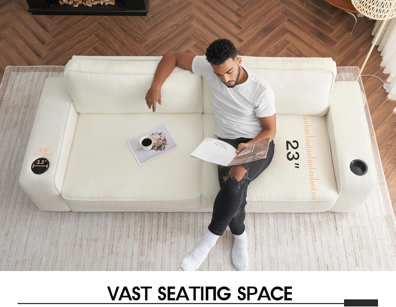 VanAcc Modern Sofa, 89in Comfy Couch with Cup Holders & USB Charging Ports, Offwhite Bouclé Couch- Deep Seat Sofa for Living Room