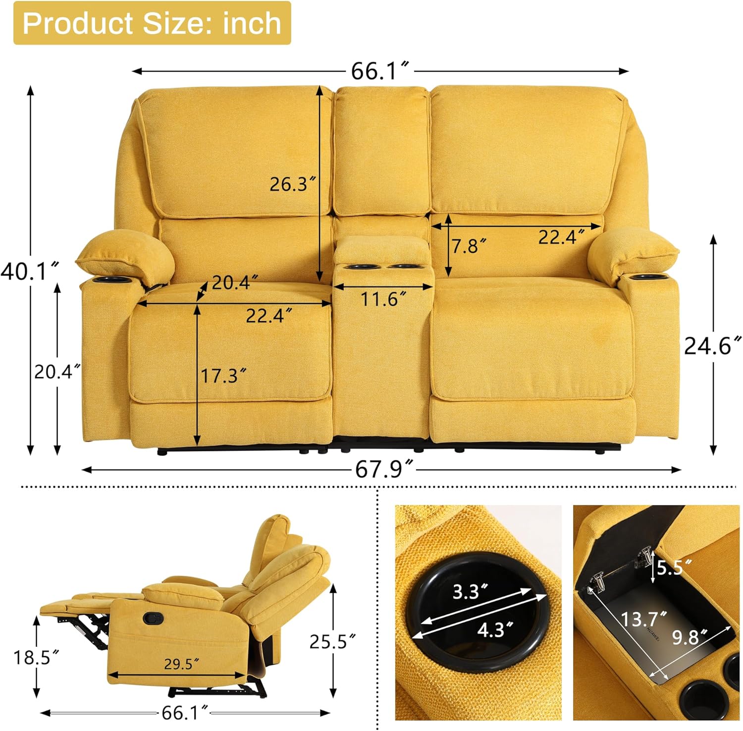 KIGOTY Loveseat Recliner Sofa with Center Console, Home Theater Recliner Chair with 4 Cup Holders, 2 Seat Reclining Loveseat RV Loveseat Couch, Home Theater Seating Furniture,Yellow