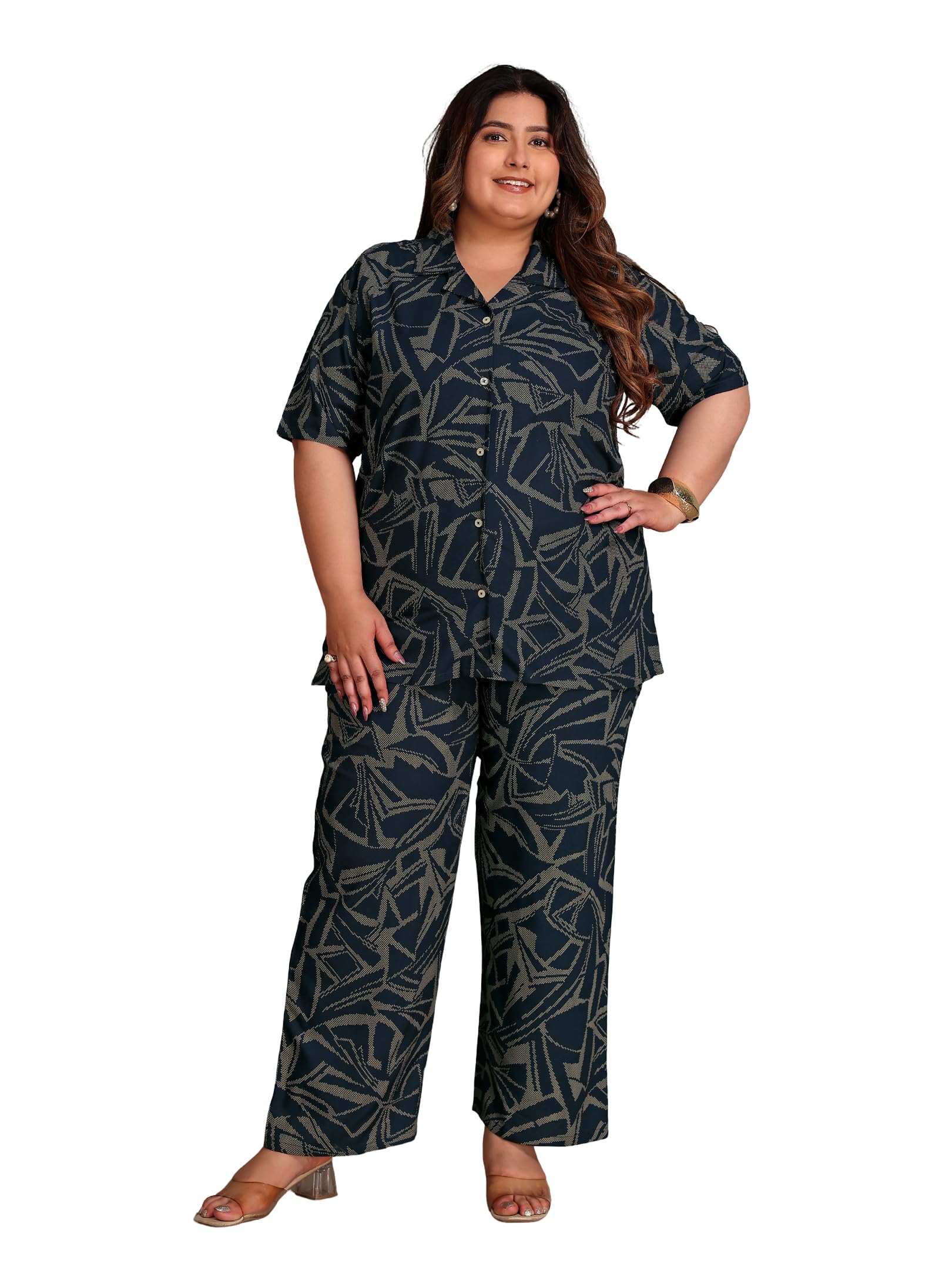 tittli Women All-Over Printed Rayon Shirt & Pyjama Nightsuit | Shirt Collar & Short Sleeves | 2 Pockets and Elasticated Waist Pyjama | Comfortable Plus Size Nightsuit-picture-17