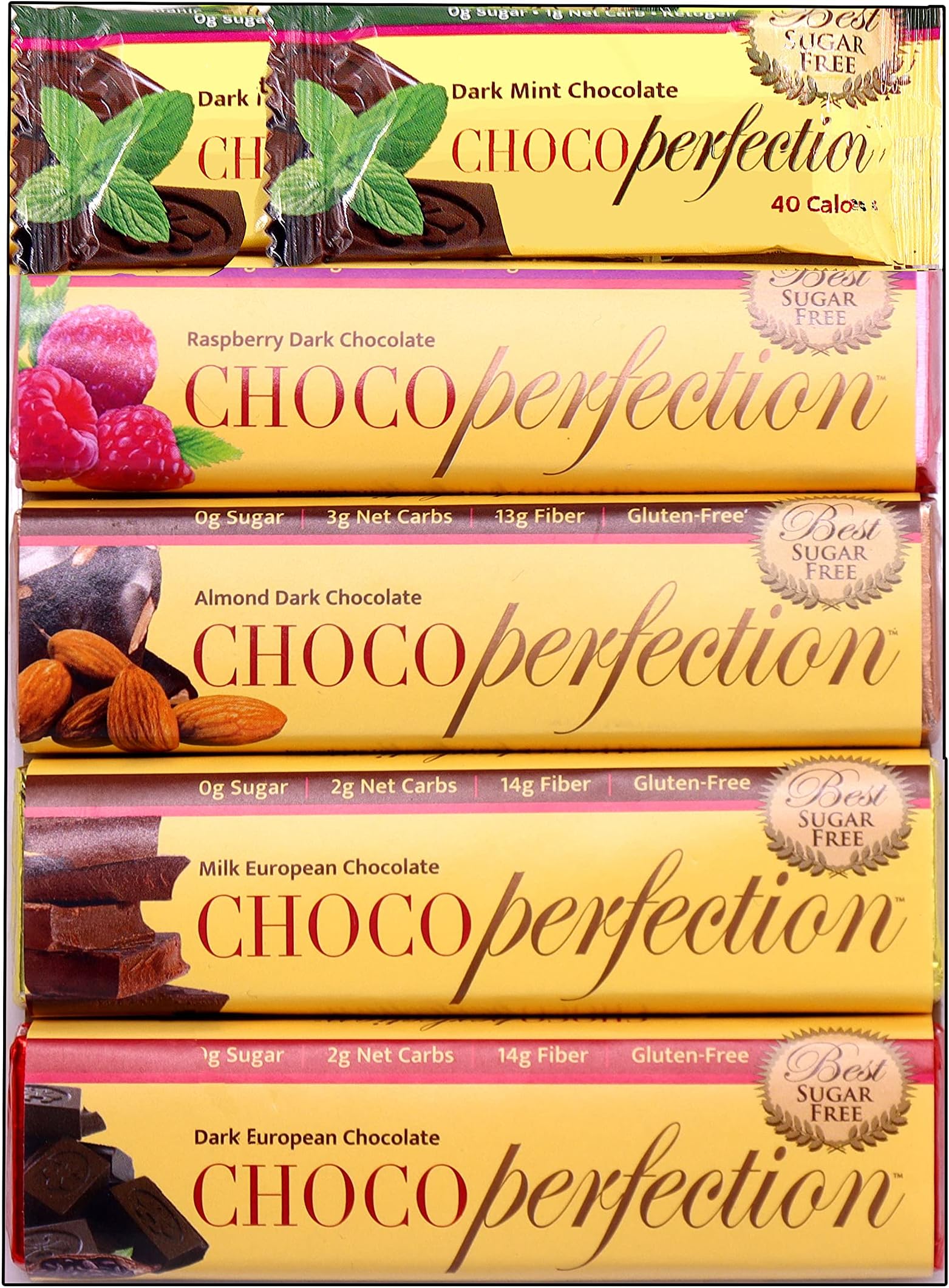 ChocoPerfection Sugar Free Chocolate Bar Variety Pack, 1 Dark, 1 Milk, 1 Dark Raspberry, 1 Dark Almond and 2 Mini Dark Mint, 6 Bars