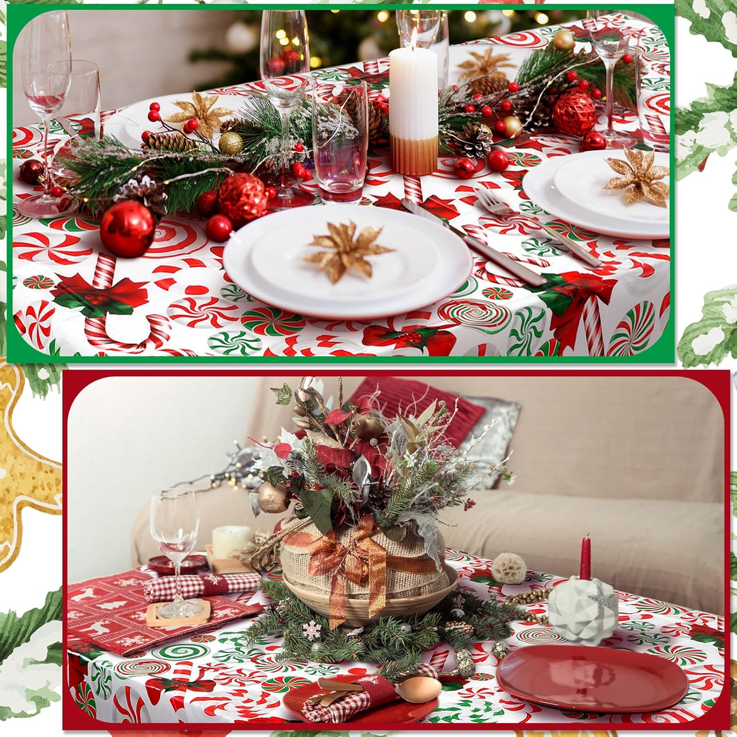 Ganeen 12 Pcs Christmas Candy Cane Design Tablecloth Rectangle Disposable Plastic Table Cloth Christmas Table Cover Candy Beaded Lollipops Decorations 54x108'' for Xmas Holiday Party Supplies