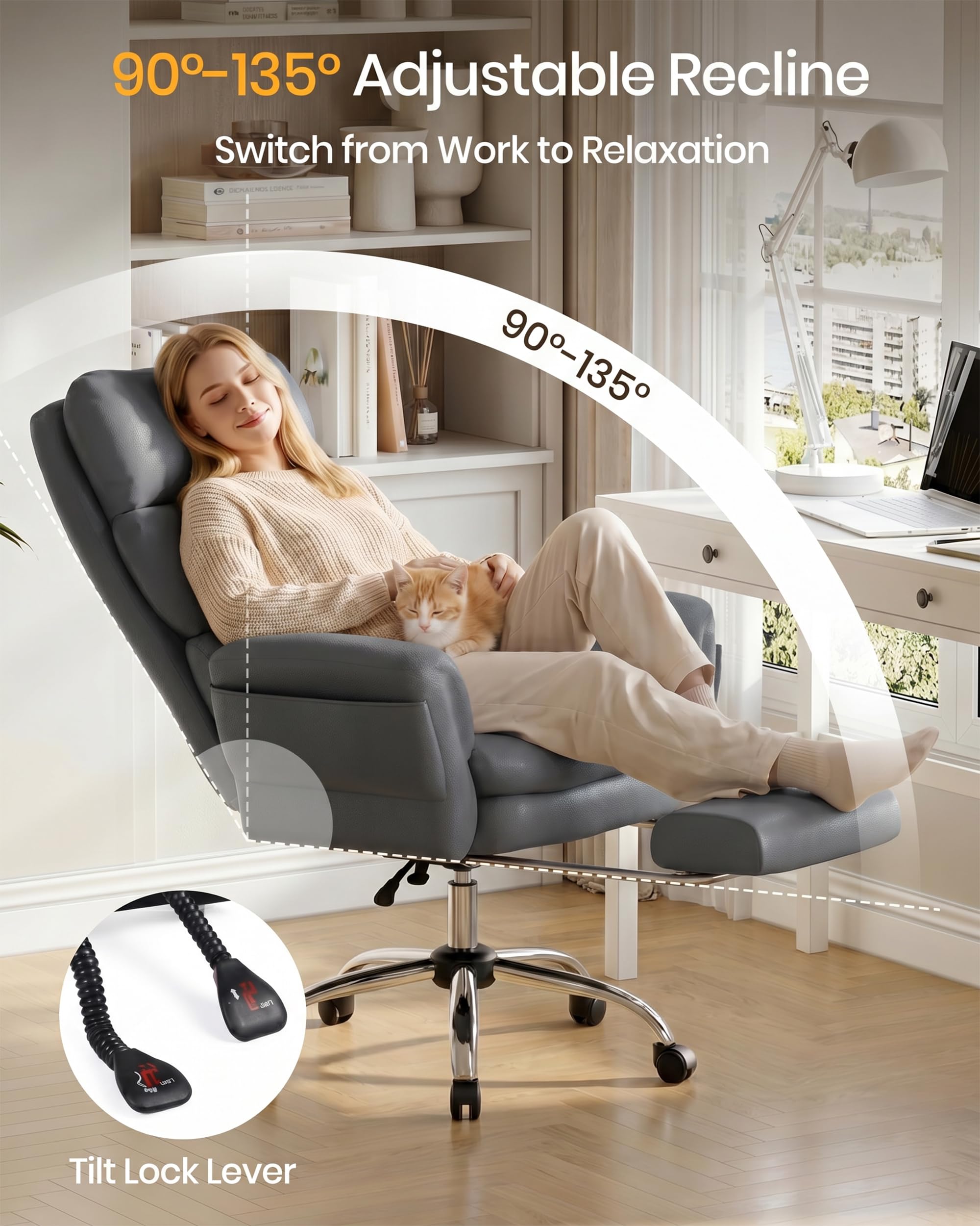 Executive Office Chair, Big and Tall Ergonomic Desk Chair with Foot Rest, Leather Grey, 71D x 71W x 121H centimetres - Image 3