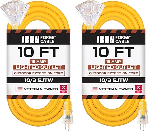 Miniatura 60 de Iron Forge Cable Cable de extensión de calibre 10 de 10 pies para exteriores con 3 tomas de corriente, cable de extensión naranja SJTW de 15