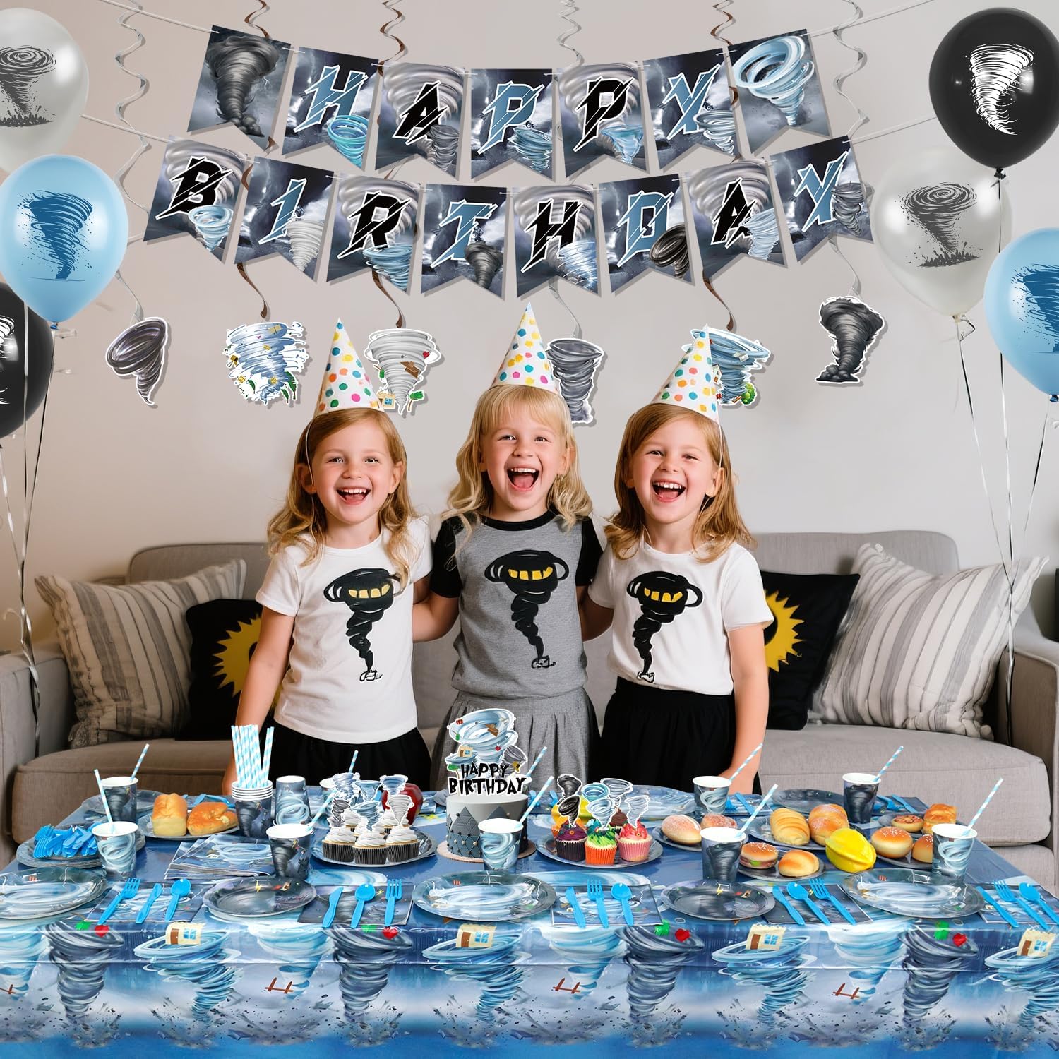 KEFAN Tornado Birthday Party Decorations, Tornado Theme Party Tableware Supplies including HAPPY BIRTHDAY Banner, Plates, Cups, Napkins, Tablecloth, Balloons for Tornado Birthday Party, Serves 20