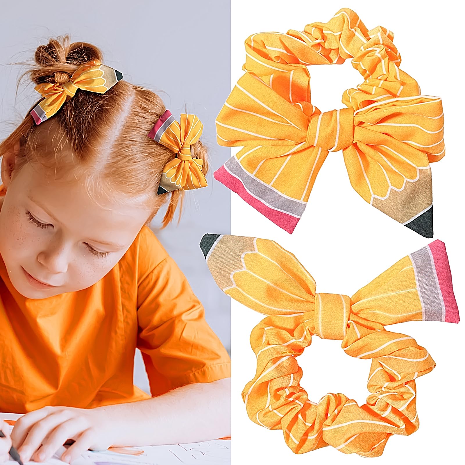 2Pcs Big Back to School Scrunchies Yellow Pencil Bow Scrunchies Cute Pencil Hair Ties Teen Toddler Elastic Ponytail Holder Fashion Teacher Hair