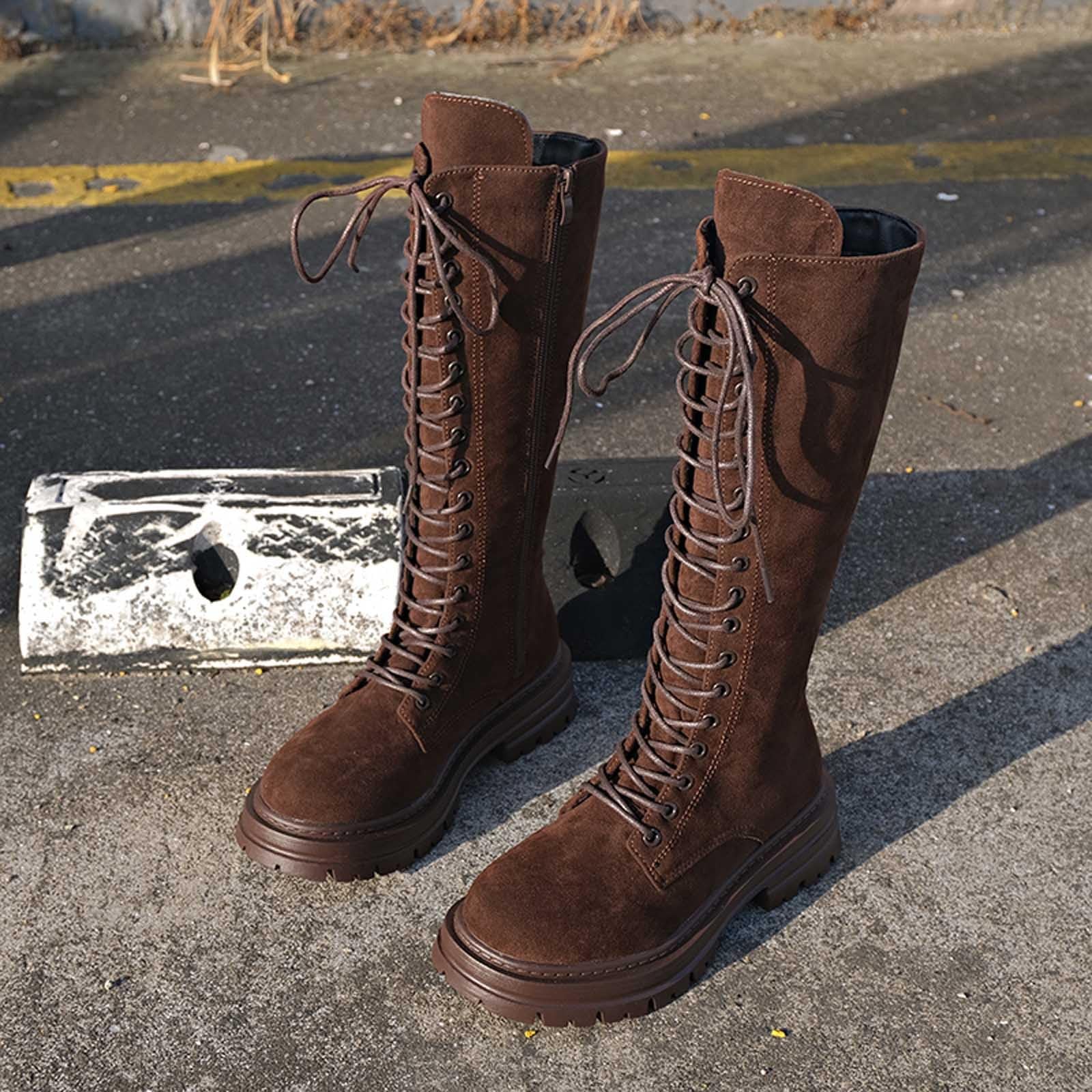 Generisch Botas de equitación de invierno para mujer, botas de ante modernas con pantorrilla media, botines de plataforma gruesos con cordones, cómodas e informales
