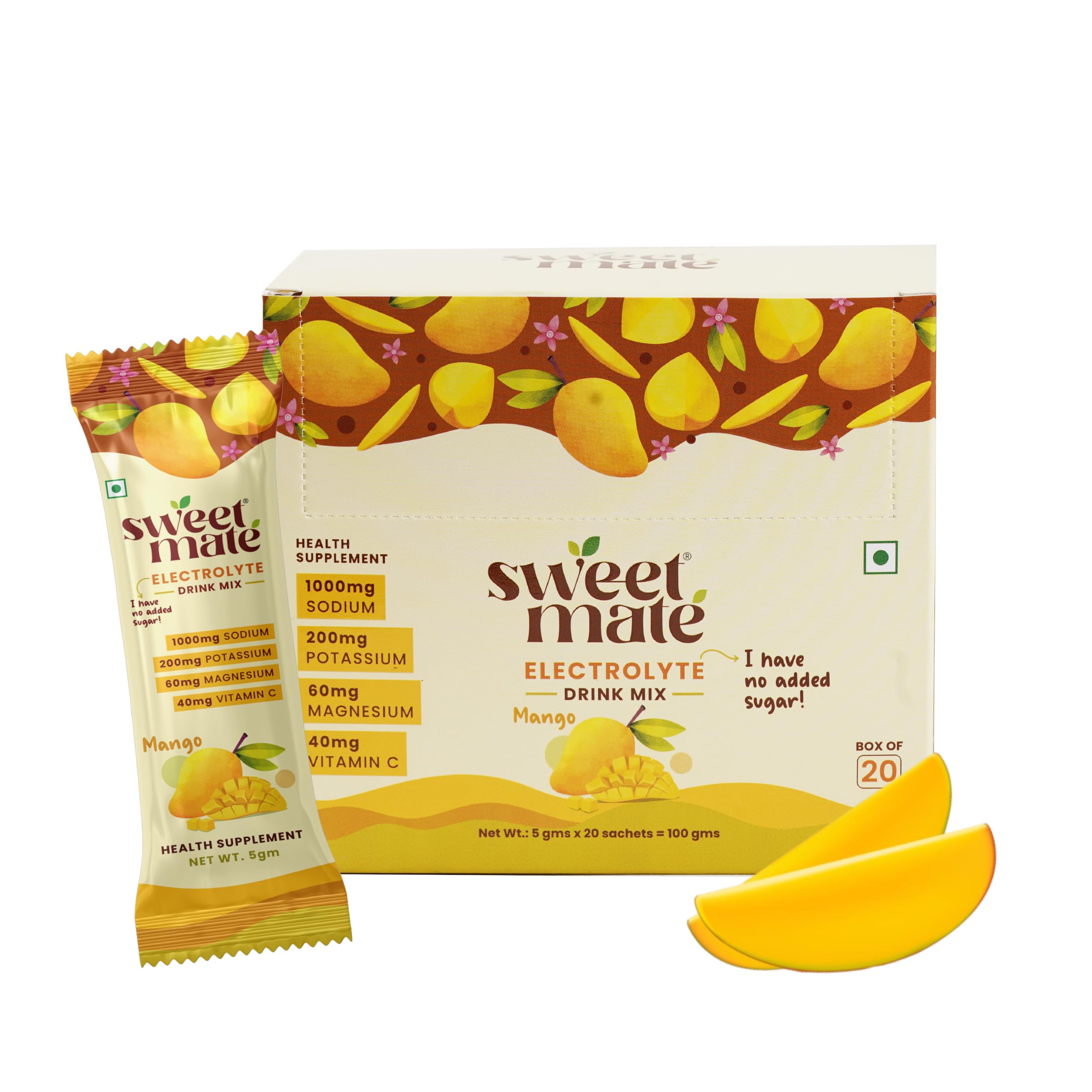 Sweetmate Sugar Free Mango Electrolyte Drink Mix Sweetened With Stevia -5g (20 Sachet) No Preservatives and Chemicals | Offers 10x more Electrolyte | Keto Friendly Vegan