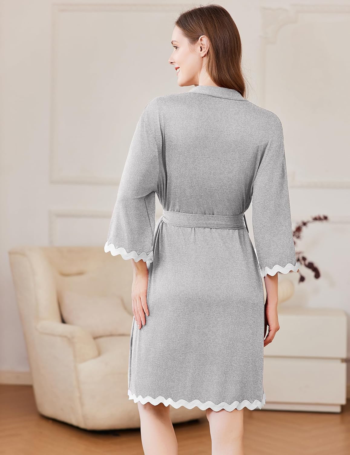 Ekouaer Women Kimono Robe 3/4 Sleeves Loungewear Dress Knee Length Sleepwear Pockets Housecoat Short Bathrobe S-XXL - Image 5