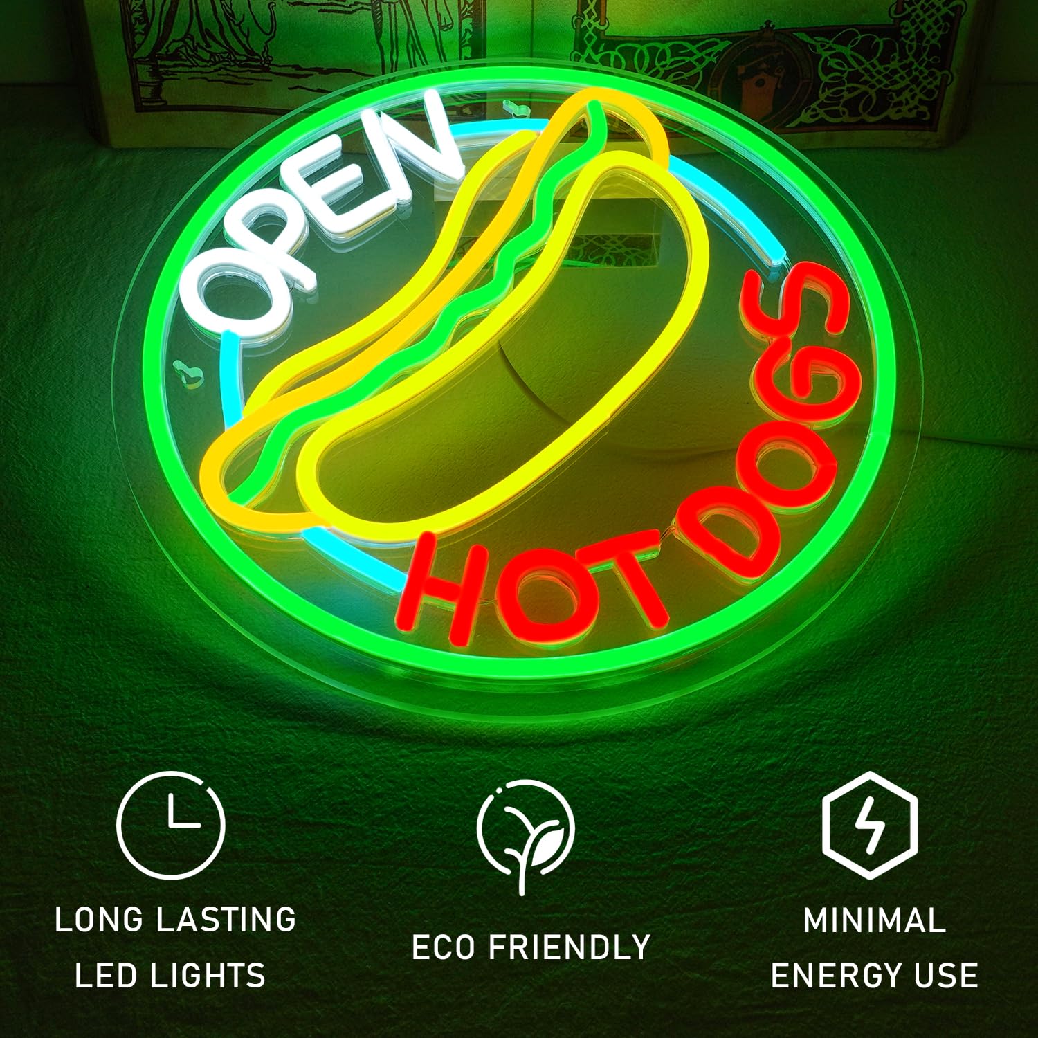 Ineonlife Open Hot Dogs Letreros de Neón para Decoración de Paredes Luces de Neón para Restaurante, Regulables Led de Negocios para Tiendas Rápidas Fiesta Regalo Luces Decorativas 5V/2A USB
