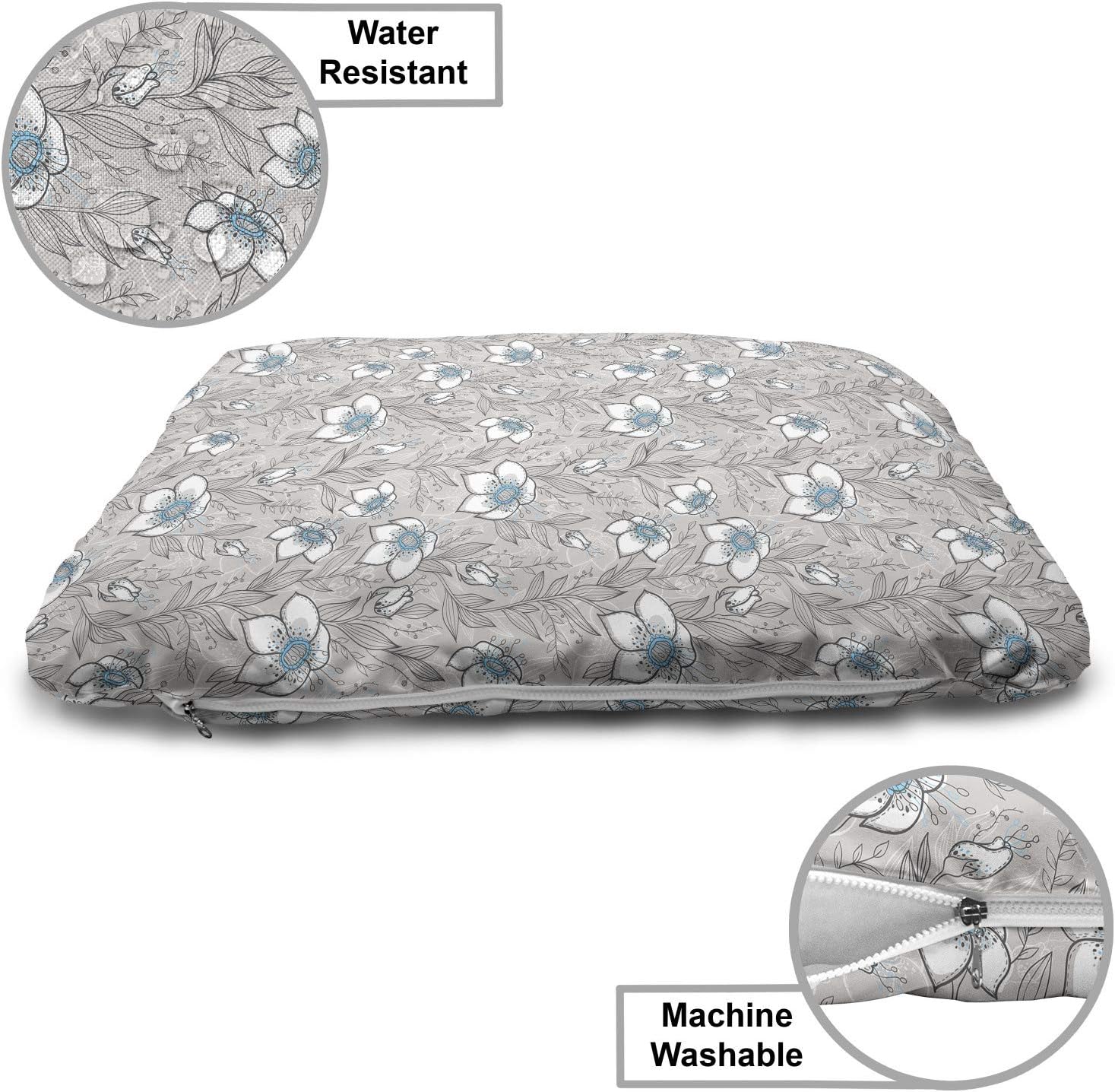 review Lunarable Floral Pet Bed, Nostalgic Calm Tones White Exotic Flowers Repetitive Print, Chew Resistant Pad for Dogs and Cats Cushion with Removable Cover, 24