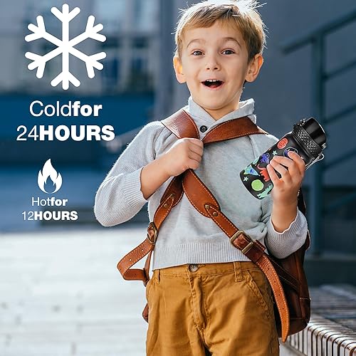 Miniatura 7 de GOPPUS Botella de agua aislada para niños, 14 onzas, sin BPA, botella de viaje de acero inoxidable 188 con popote y doble pared a prueba de fugas al