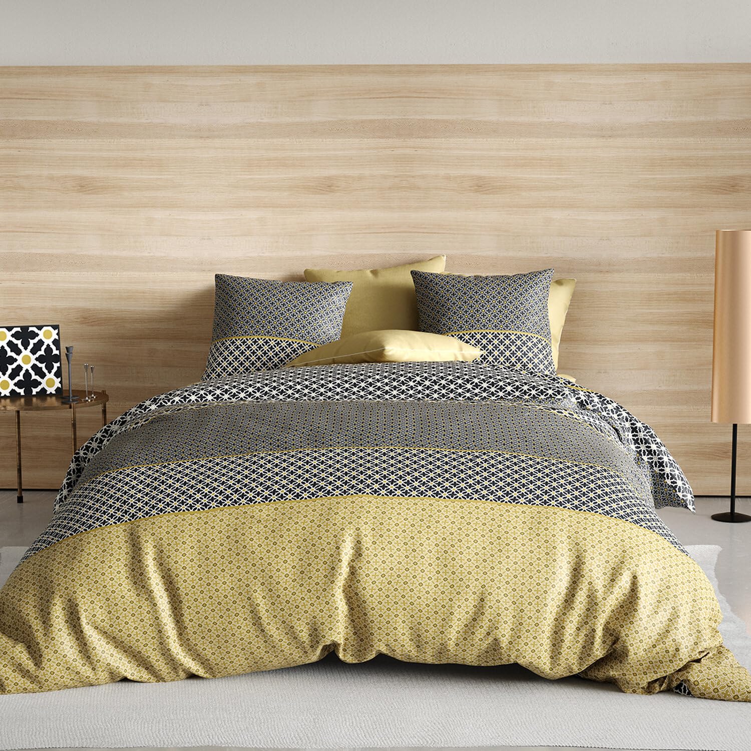 Les Ateliers du Linge - Parure Beho pour lit Double - Housse de Couette 260x240 et 2 taies d'oreiller 63x63 cm – 100% Coton 57 Fils - Motif imprimé